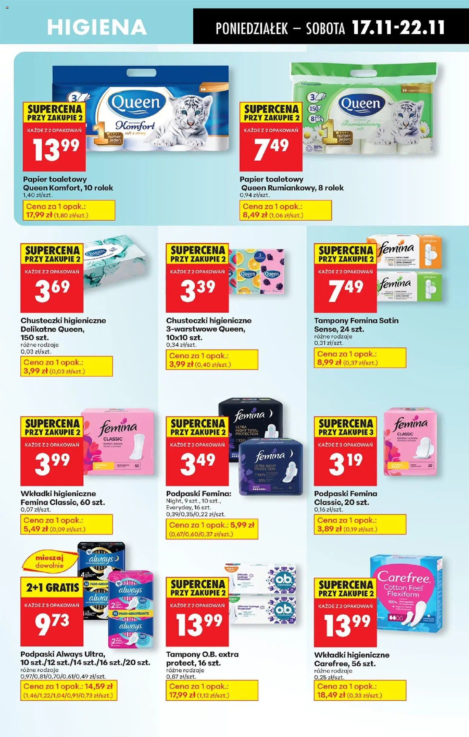 Biedronka gazetka od 17.11.2025 | Strona: 77 | Produkty: Papier toaletowy, Tampony, Wkładki higieniczne, Wkładki higieniczne femina
