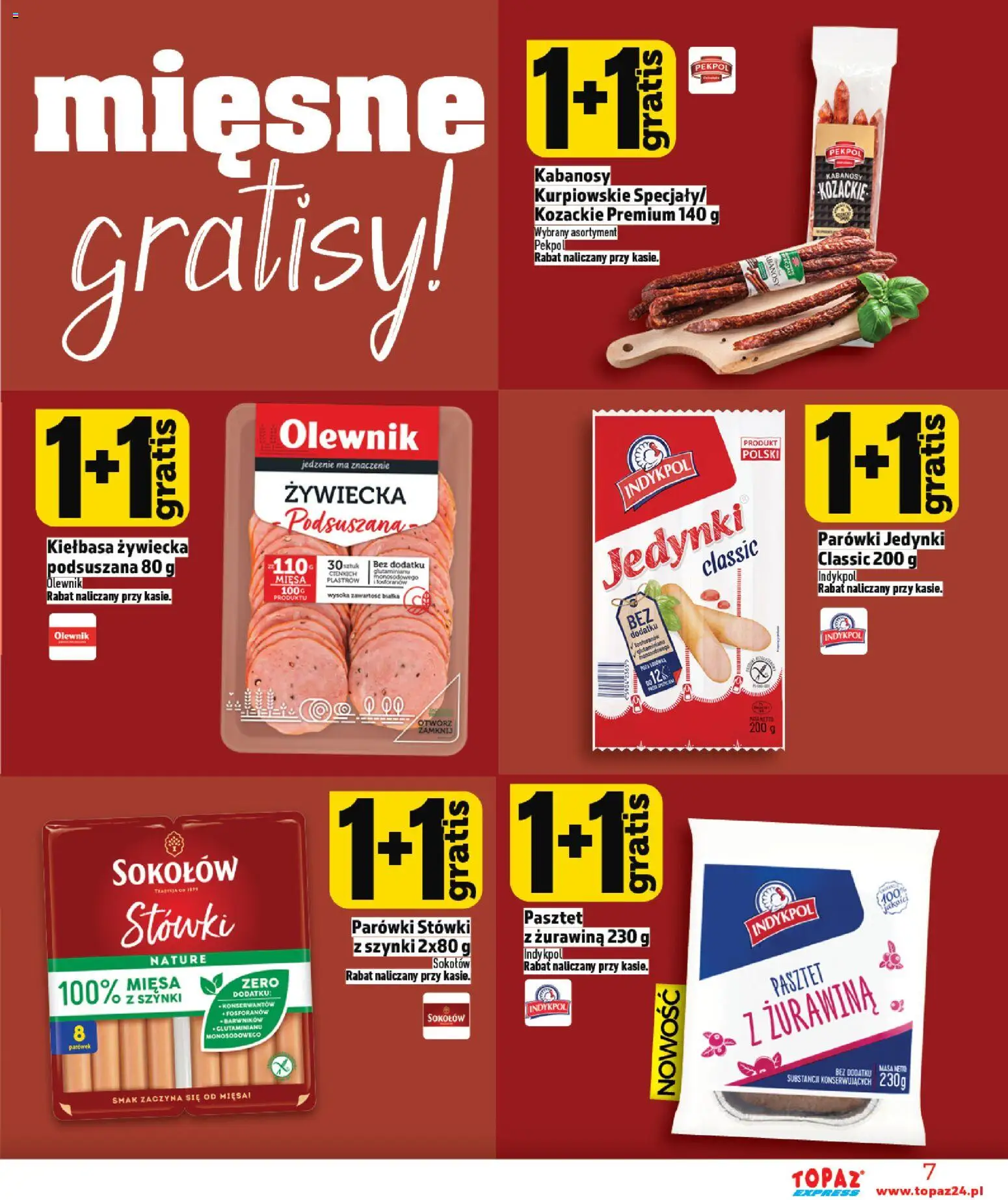 Topaz gazetka - Express od 09.04.2026 | Strona: 7 | Produkty: Kiełbasa, Kabanosy, Parówki, Żurawina