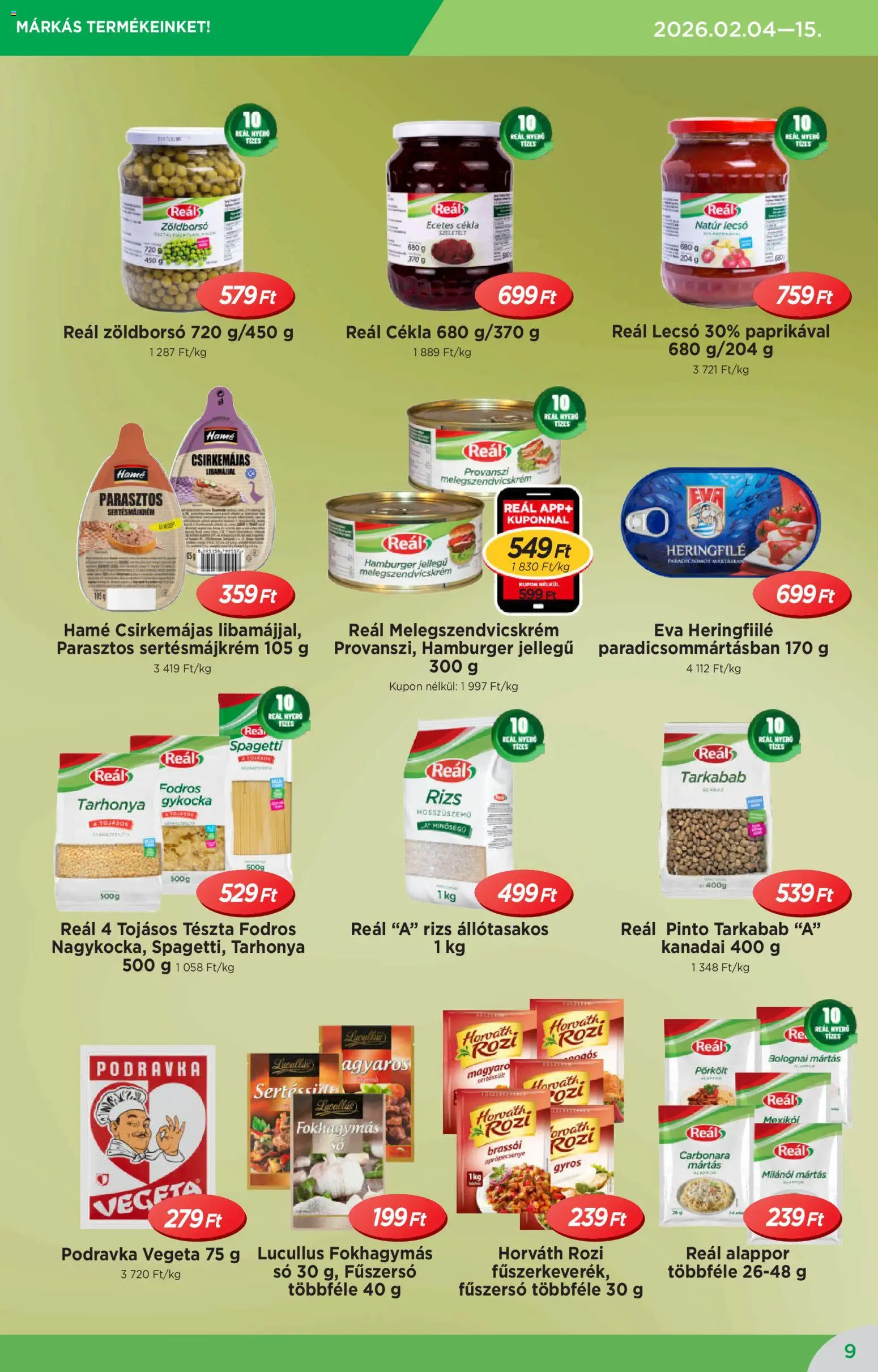 Reál akciós ujság - amely érvényes a következő dátumtól: 04.02.2026 | Oldal: 9 | Termékek: Cékla, Spagetti, Vegeta, Só