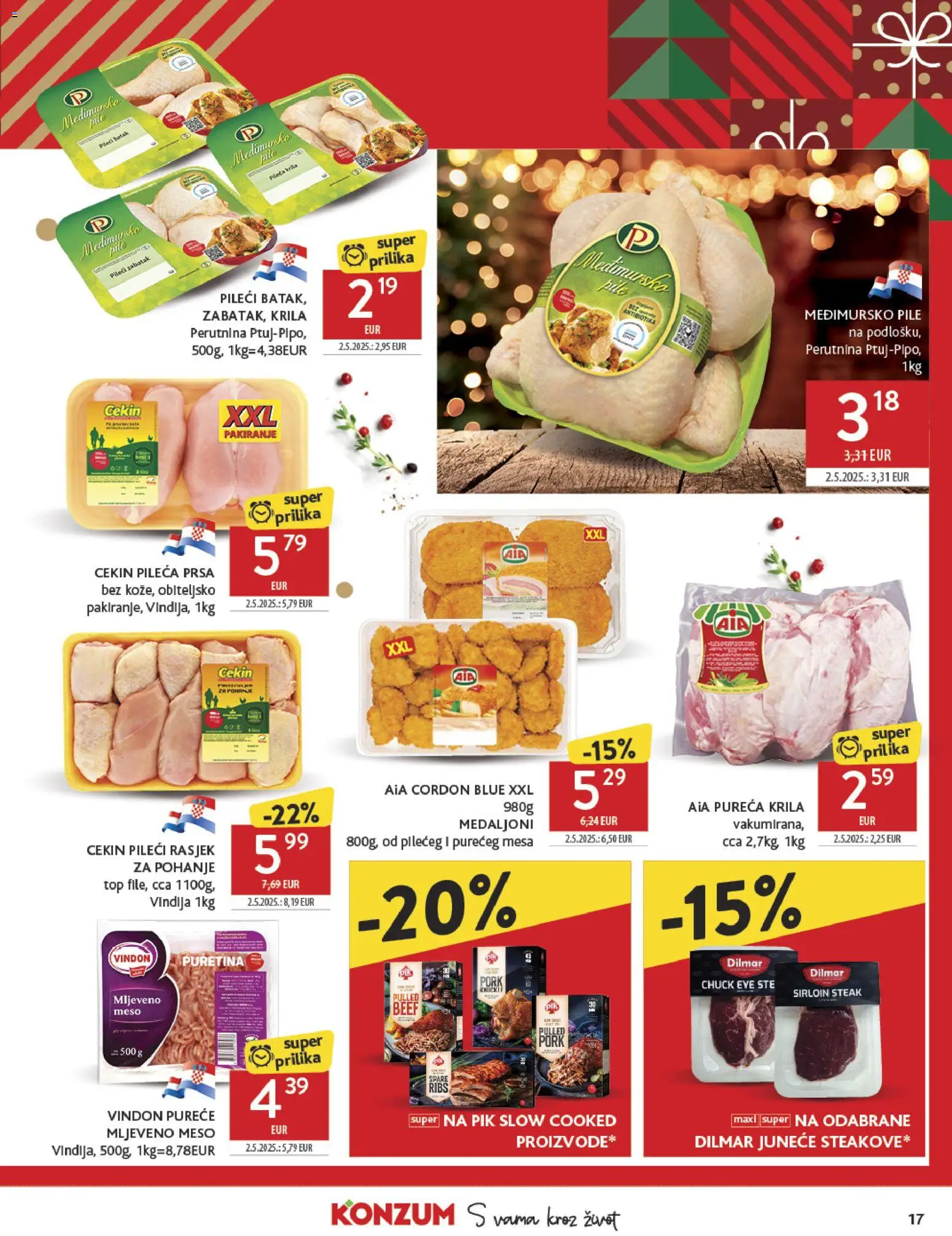 Konzum katalog | vrijedi od 27.12.2025 | Stranica: 17 | Proizvodi: Vindija, Puretina, Mljeveno meso, Pileća prsa