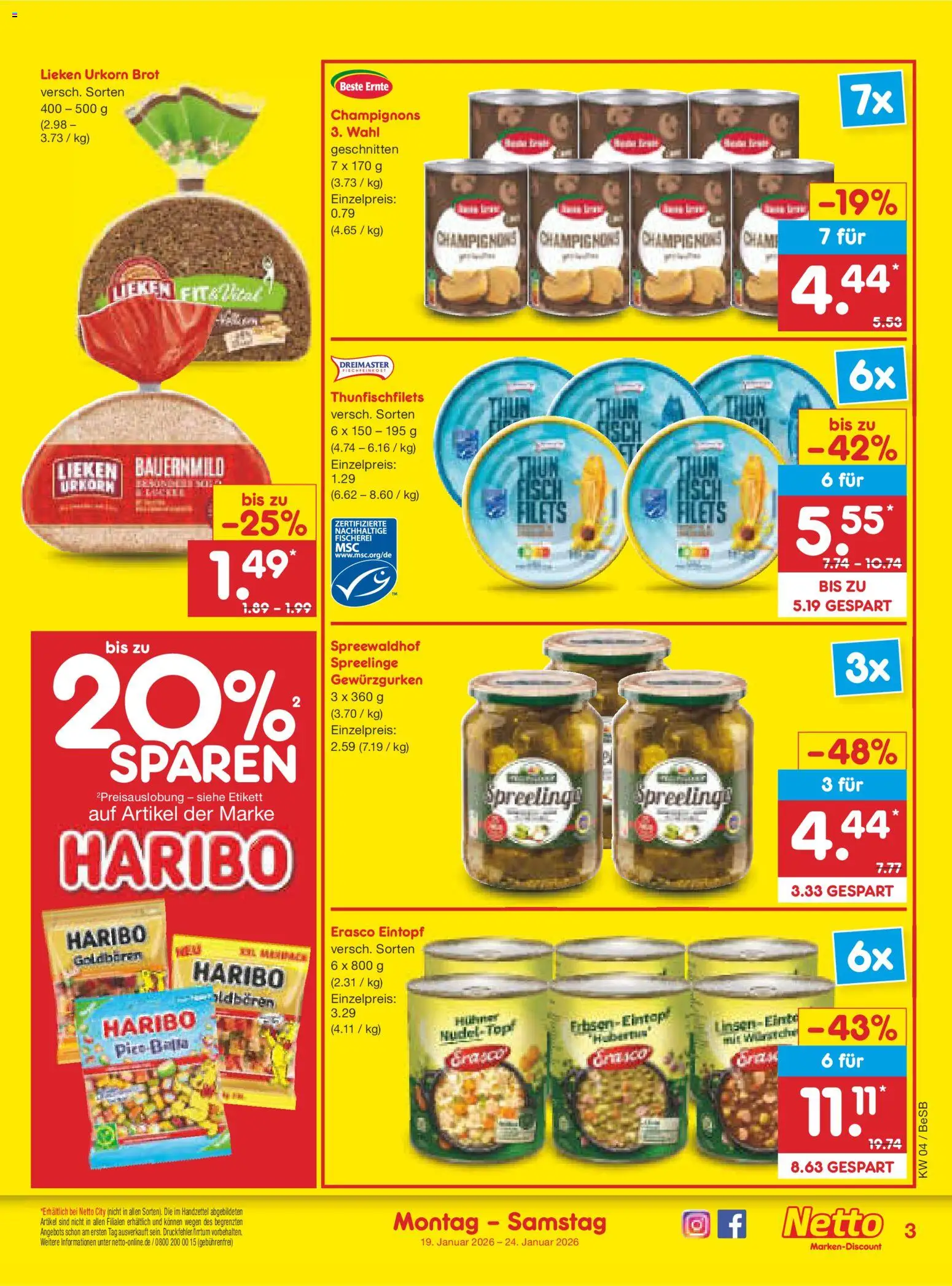 Netto Marken-Discount Prospekt 	 – gültig ab 19.01.2026 | Seite: 3 | Produkte: Haribo, Champignons, Brot, Erasco