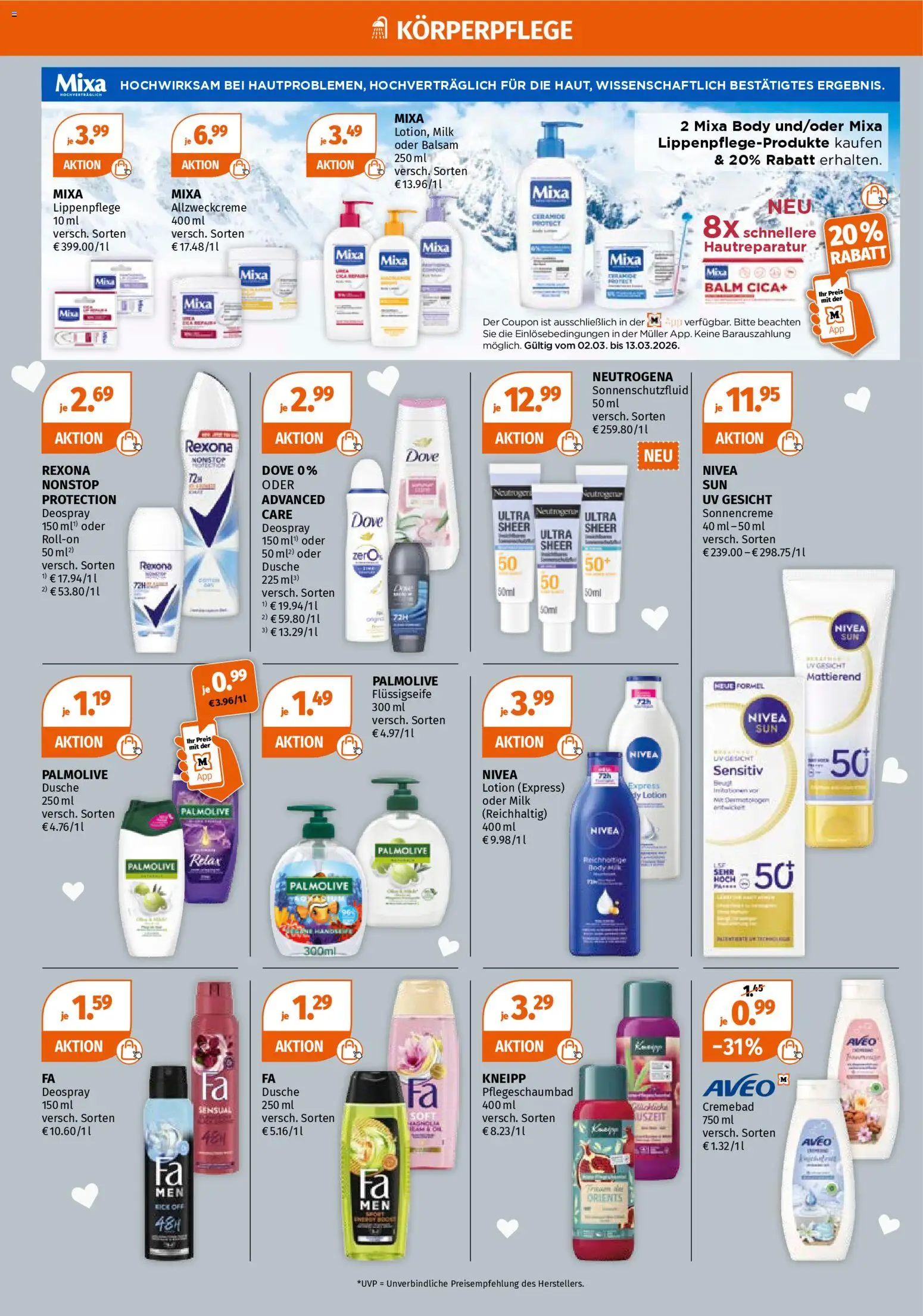 Müller Flugblatt gültig ab 02.03.2026 | Seite: 4 | Produkte: Dusche, Sonnencreme
