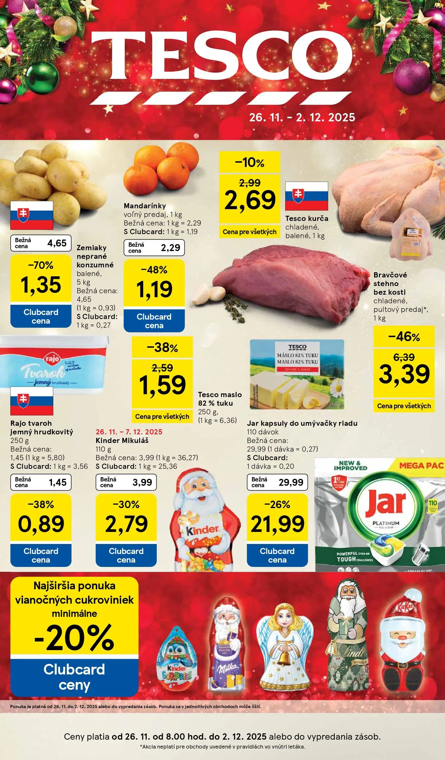 Nové Tesco akcie – leták je platný od 26.11.2025 | Strana: 1 | Produkty: Maslo, Kinder, Mandarinky, Zemiaky