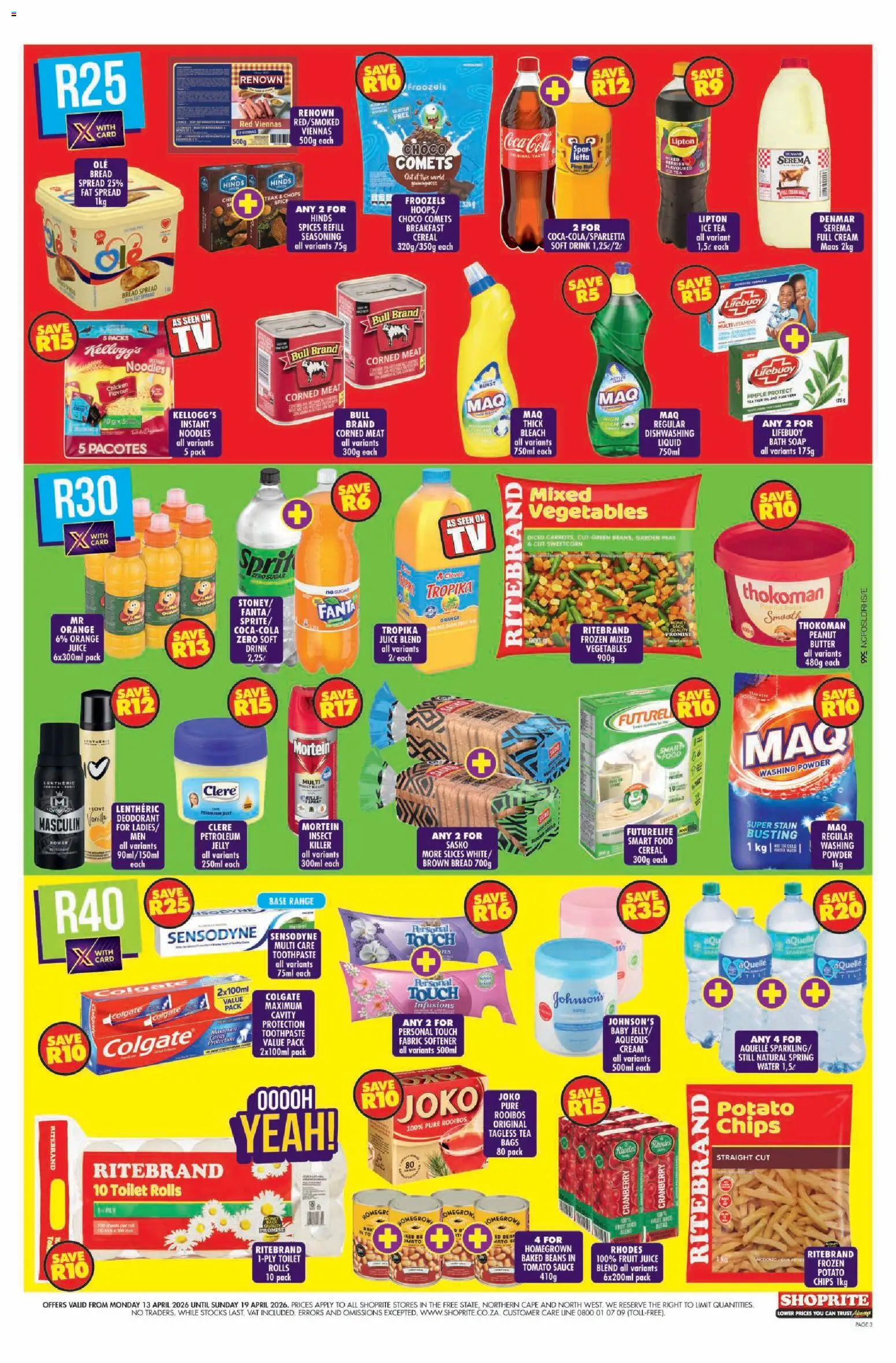 New Shoprite catalogue – valid from 13.04.2026 | Page: 3 | Products: Bleach, Juice, Noodles, Vegetables