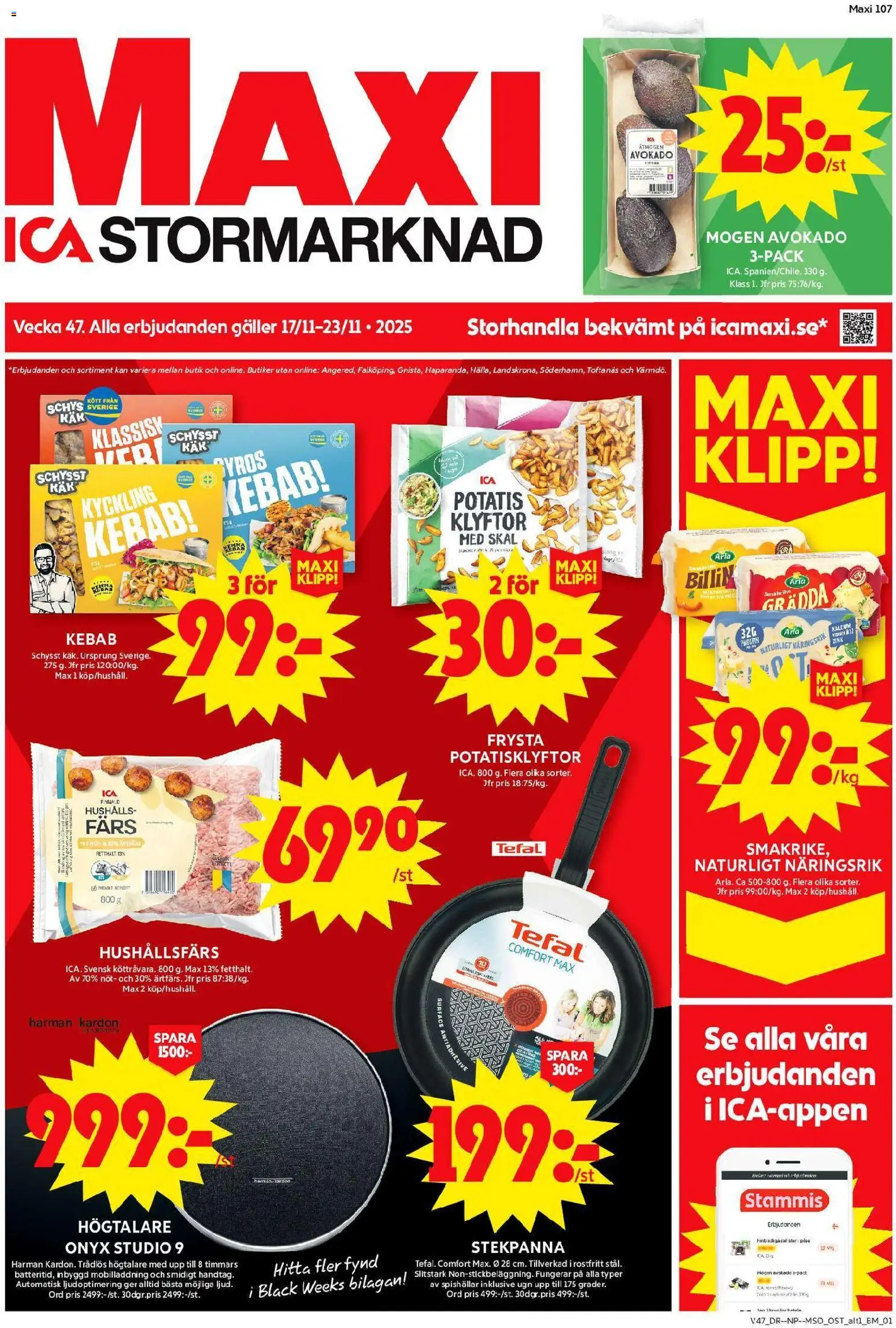 ICA Maxi reklamblad aktuell från 17.11.2025 | Sida: 1 | Produkter: Galler, Potatis, Stekpanna, Högtalare