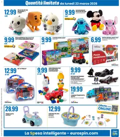 Anteprima del volantino Eurospin volantino valido a partire dal 23.03.2026 | Pagina: 19 | Prodotti: Peluche, Pasta, Gioco, Cestino