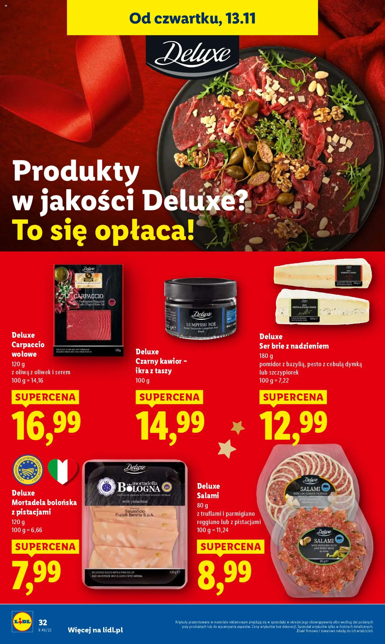 Lidl Gazetka od 13.11.2025 | Strona: 32 | Produkty: Mortadela, Oliwa z oliwek, Salami, Kawior