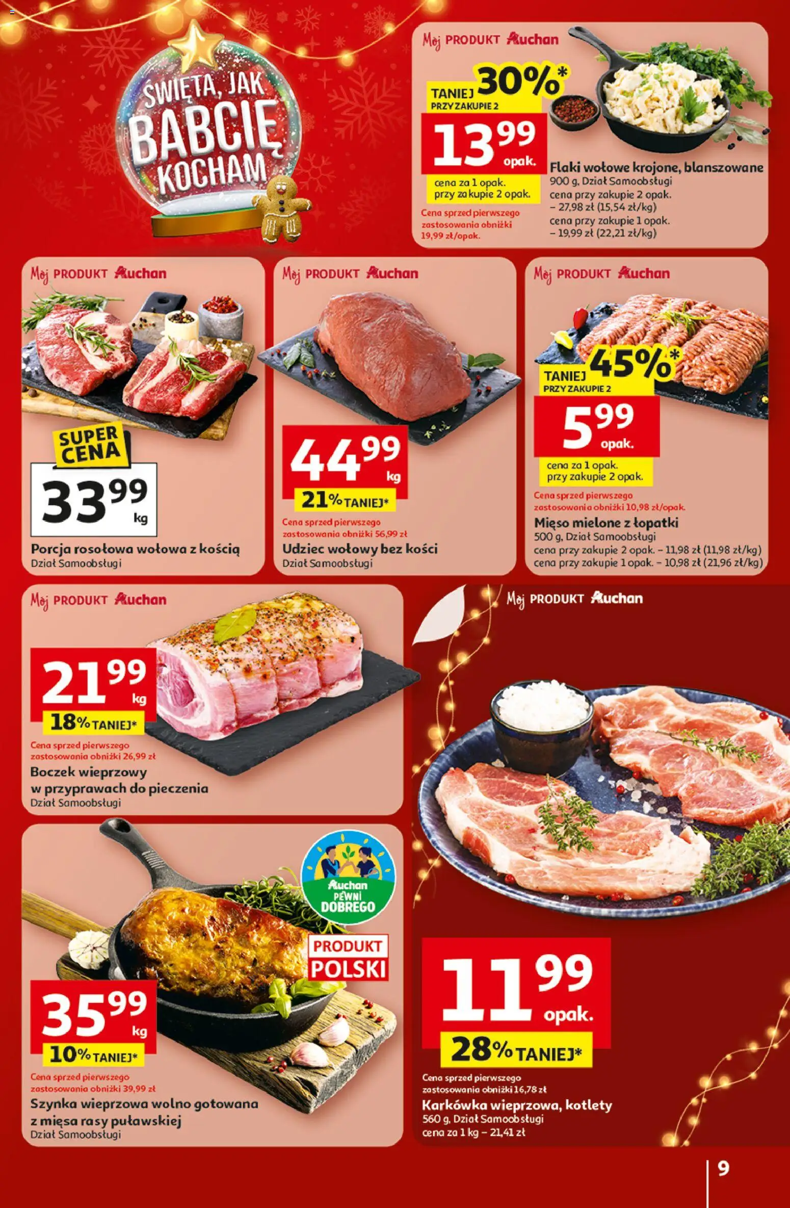 Auchan Gazetka - Święta jak babcię kocham Hipermarket od 18.12.2025 | Strona: 9 | Produkty: Karkówka, Boczek wieprzowy, Mięso mielone, Kotlety