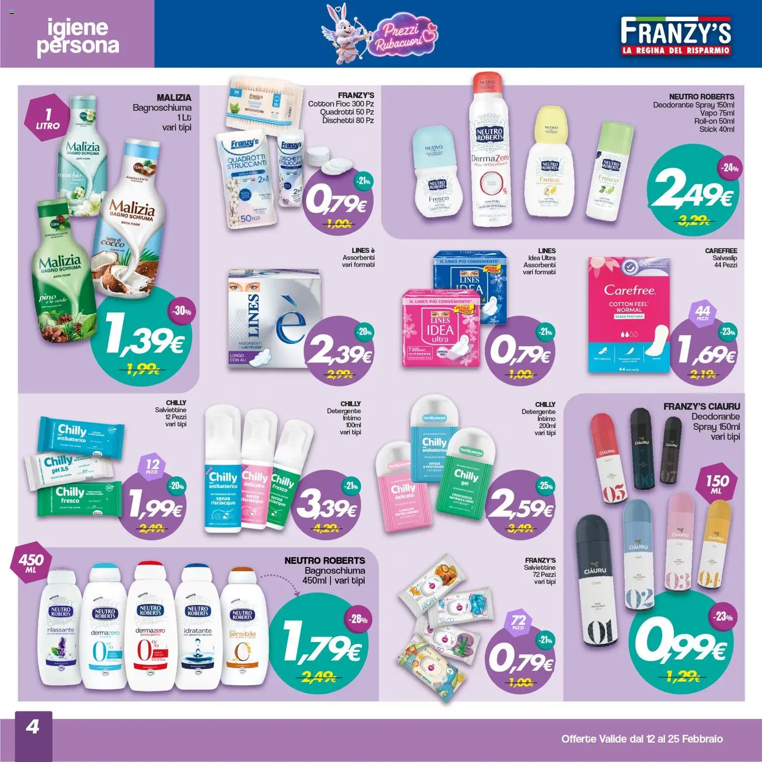 Volantino Franzy's del 12.02.2026 | Pagina: 4 | Prodotti: Bagnoschiuma, Deodorante, Cocco, Profumo