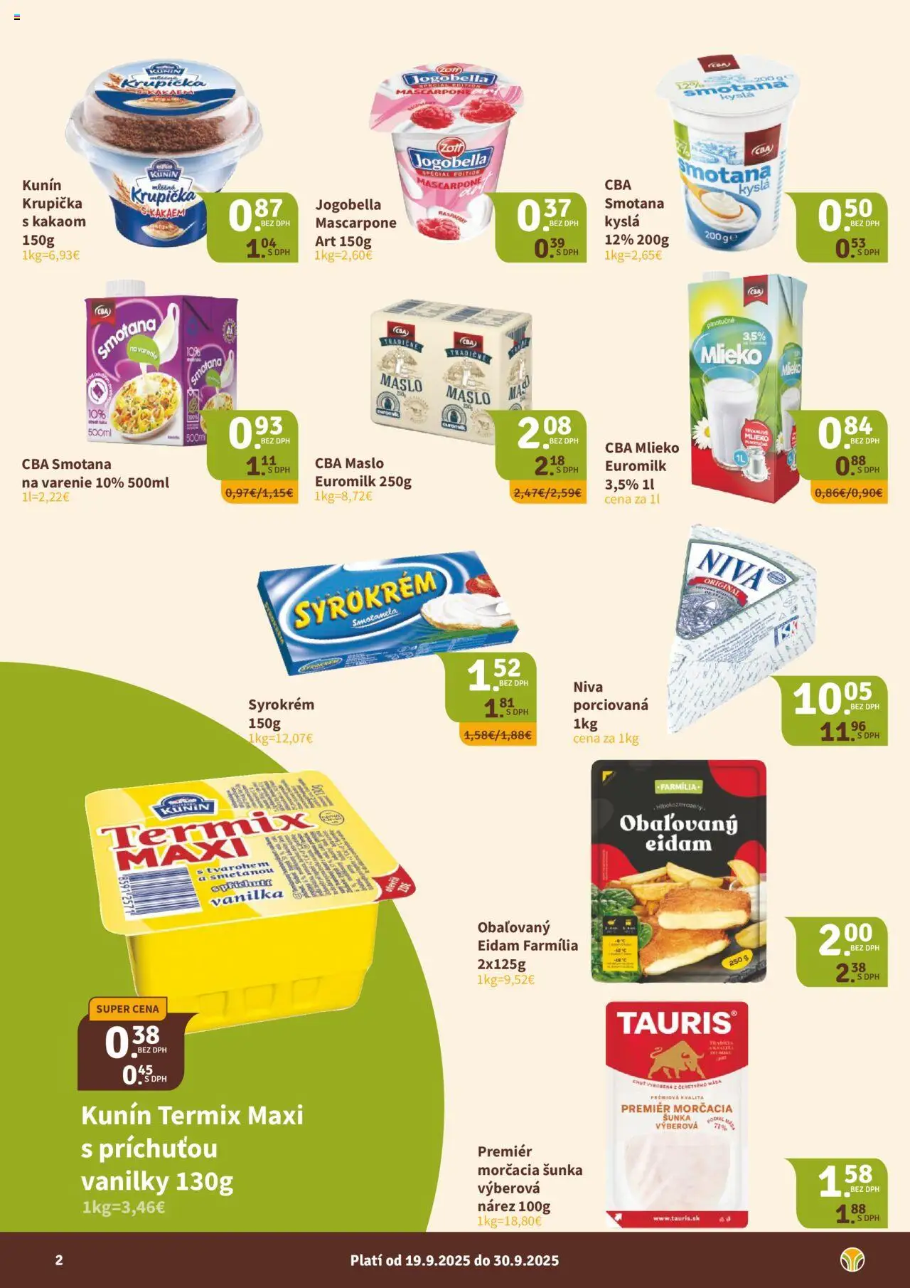 Nové Nitrazdroj akcie – leták je platný od 19.09.2025 | Strana: 2 | Produkty: Mlieko, Šunka, Eidam, Mascarpone