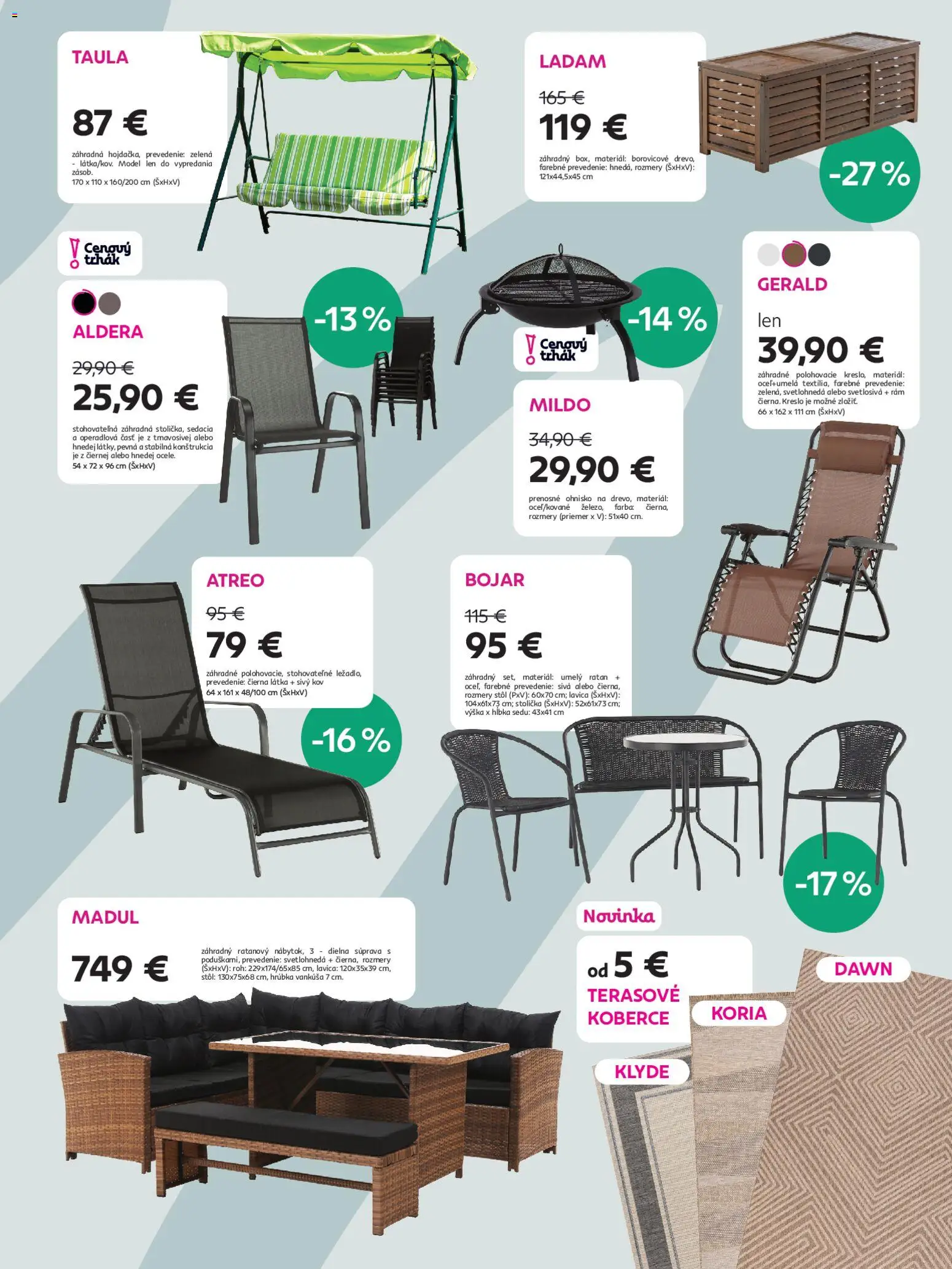 Nové Kondela akcie – leták je platný od 15.04.2026 | Strana: 7 | Produkty: Stôl, Lavica, Rám, Koberce