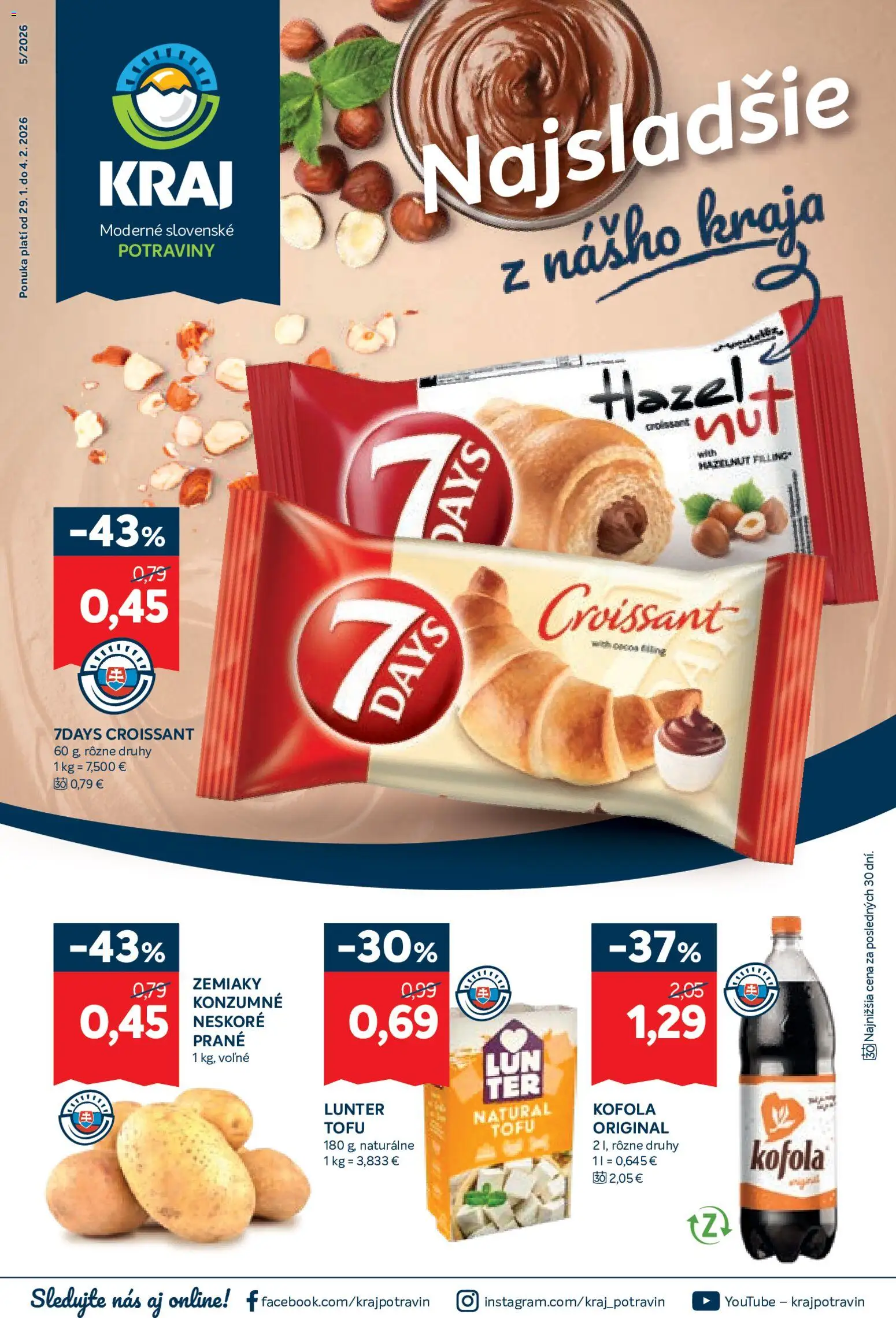 Nové Kraj akcie – leták je platný od 29.01.2026 | Strana: 1 | Produkty: Croissant, Tofu, Kofola, Zemiaky