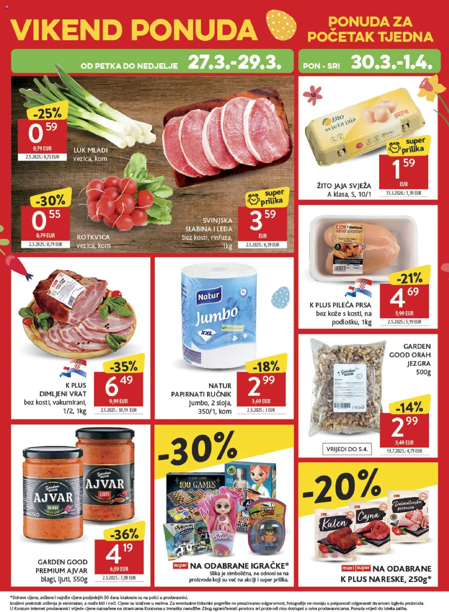 Konzum katalog | vrijedi od 25.03.2026 | Stranica: 52 | Proizvodi: Ručnik, Luk, Pileća prsa, Orah