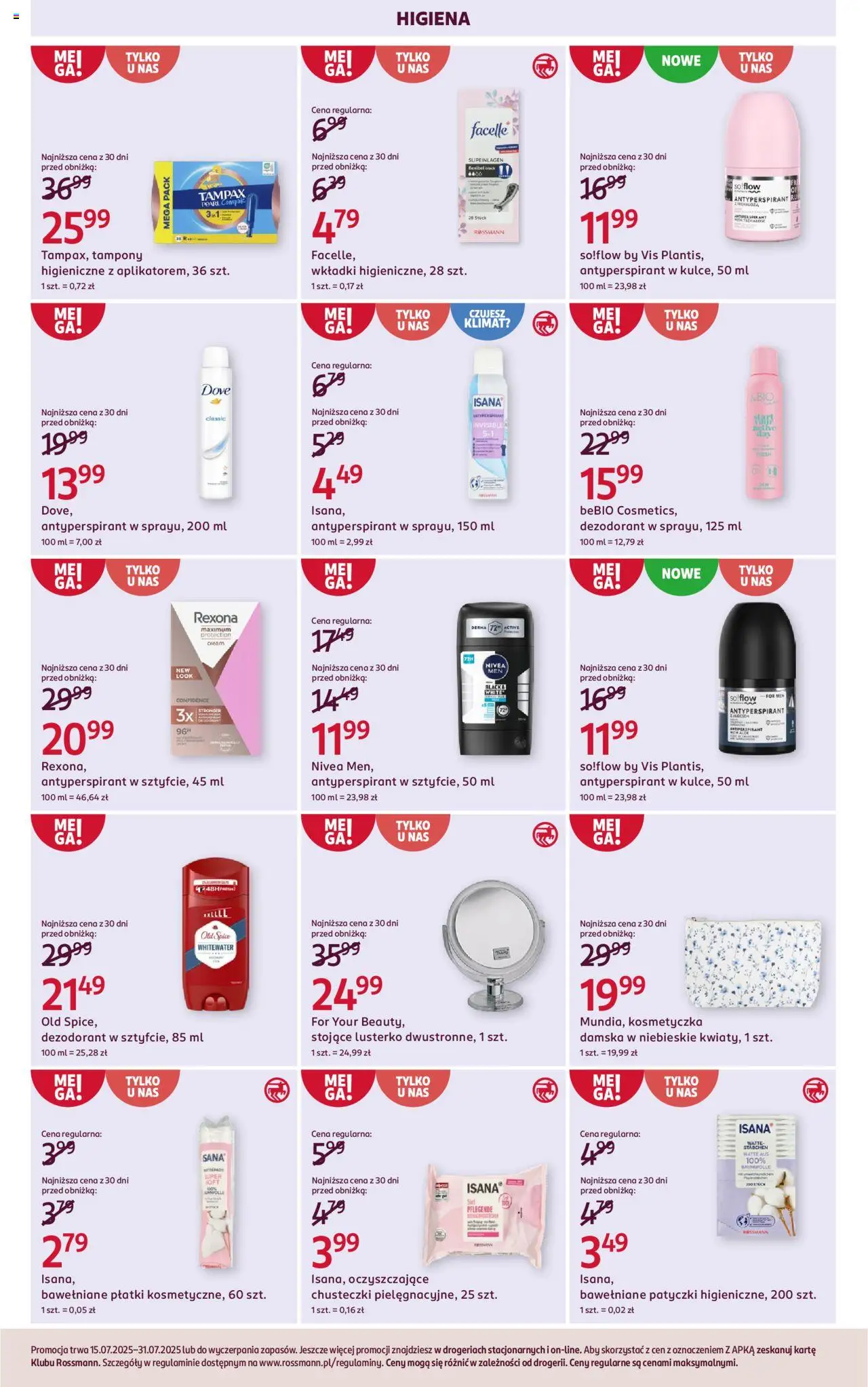 Rossmann Gazetka od 15.07.2025 | Strona: 9 | Produkty: Tampony, Płatki, Dezodorant, Old spice