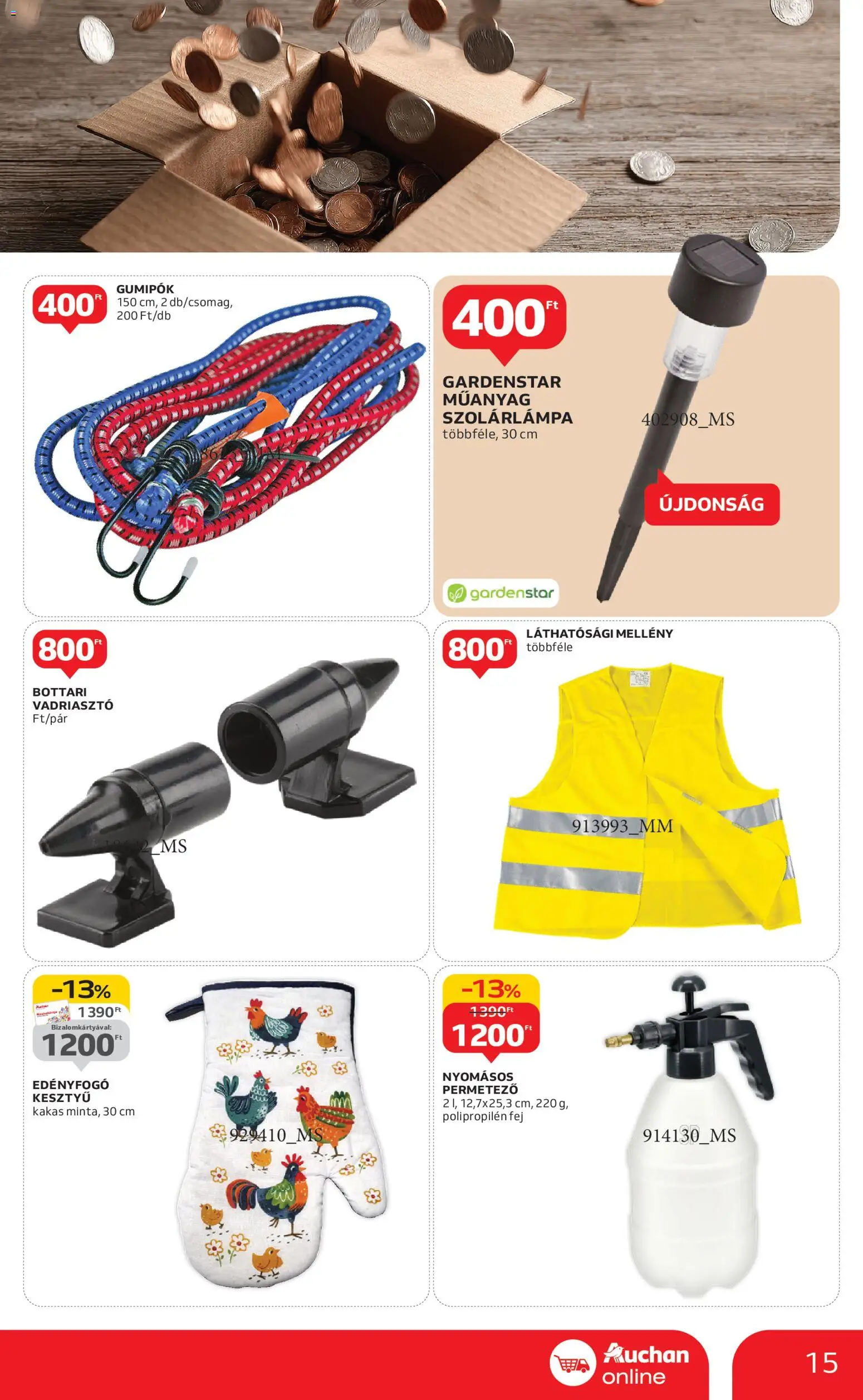 Auchan akciós ujság - amely érvényes a következő dátumtól: 15.01.2026 | Oldal: 15 | Termékek: Kesztyű, Permetező, Szolárlámpa, Mellény