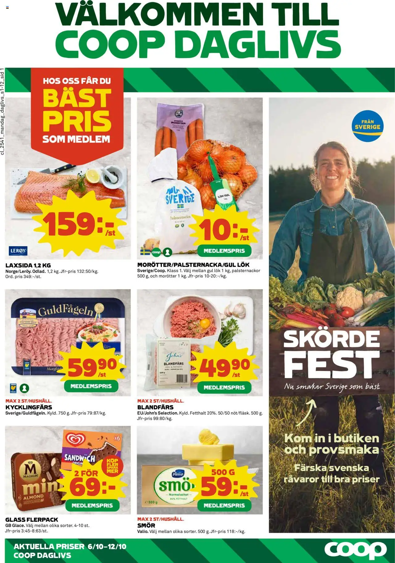 Coop Daglivs reklamblad aktuell från 06.10.2025 | Sida: 1 | Produkter: Blandfärs, Smör, Gul lök, Glass