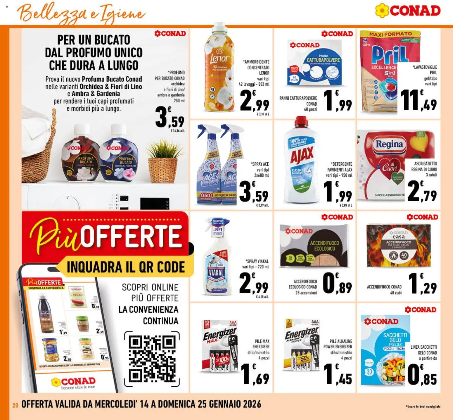 Volantino Conad del 14.01.2026 | Pagina: 20 | Prodotti: Pile, Ammorbidente, Lavastoviglie, Profumo