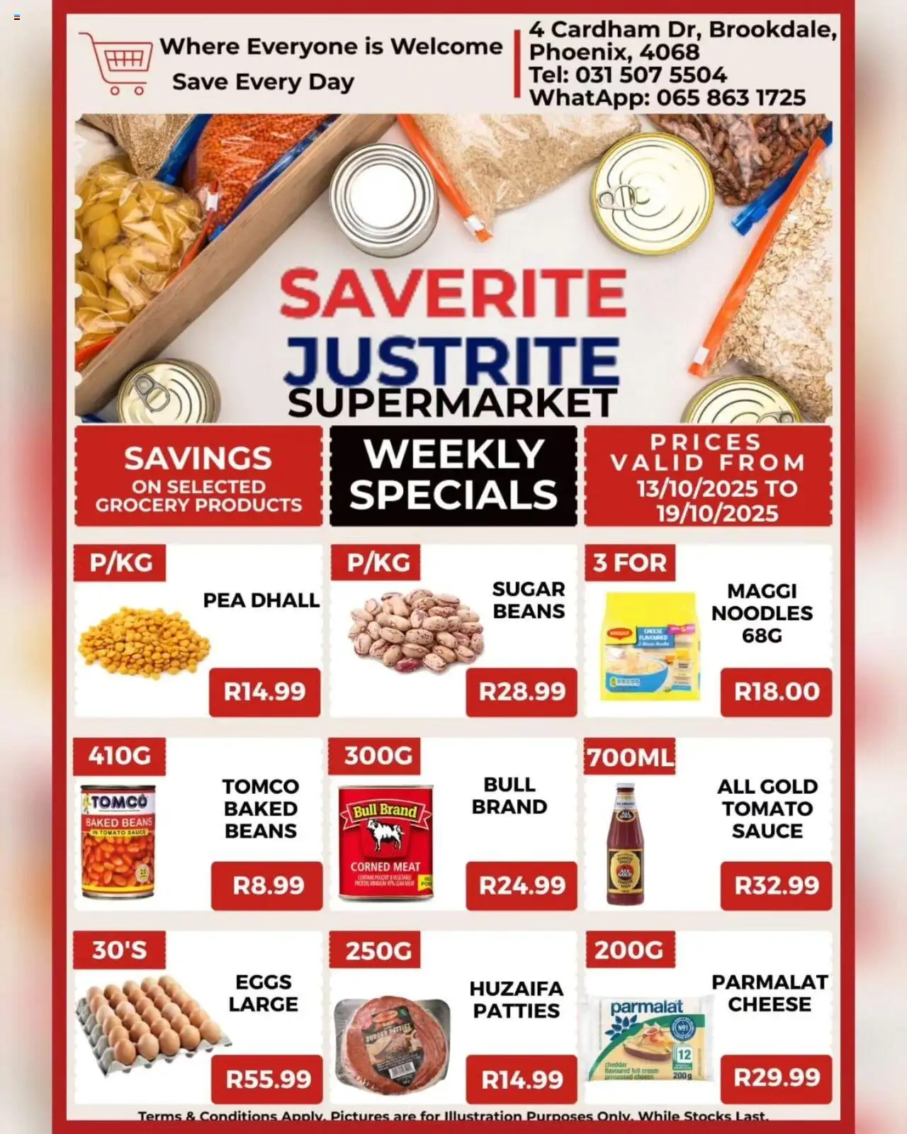 New Saverite catalogue – valid from 13.10.2025 | Page: 2 | Products: Corned meat, Baked beans, Tomato sauce, Cream