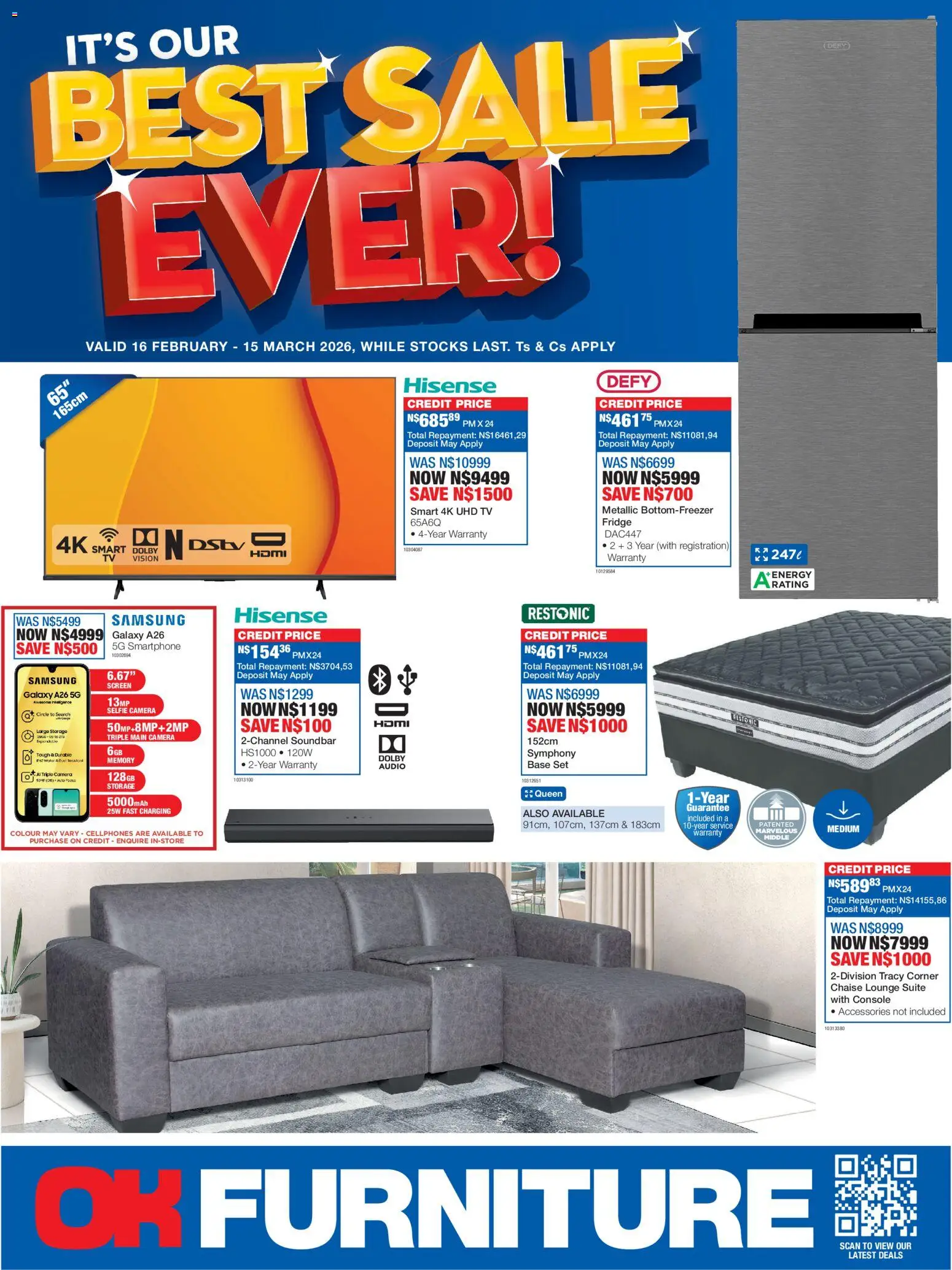 New OK Furniture catalogue – valid from 16.02.2026 | Page: 1 | Products: TV, Lounge suite, Soundbar, Chaise