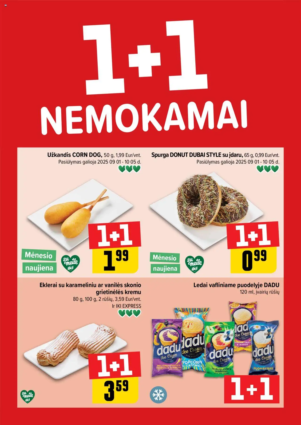 IKI akcijos nuo 15.09.2025 | Puslapis: 1 | Prekių: Ledai, Spurga, Plombyras