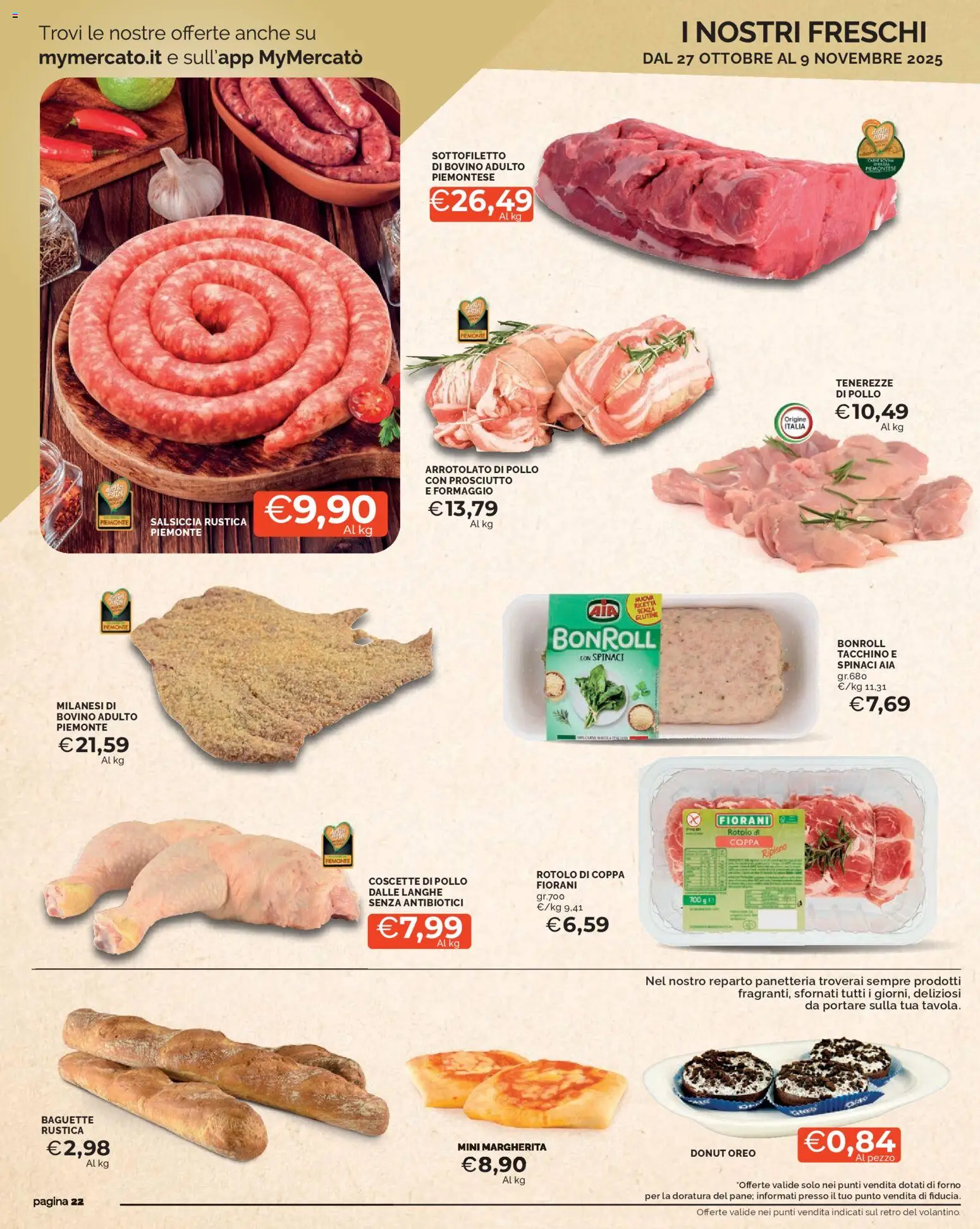 Volantino Mercatò del 27.10.2025 | Pagina: 22 | Prodotti: Bovino, Formaggio, Salsiccia, Forno