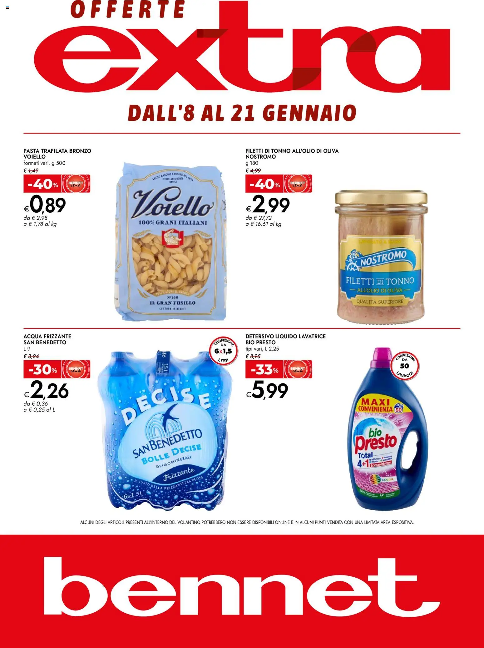 Volantino bennet del 08.01.2026 | Pagina: 1 | Prodotti: Acqua, Pasta, Lavatrice, Tonno