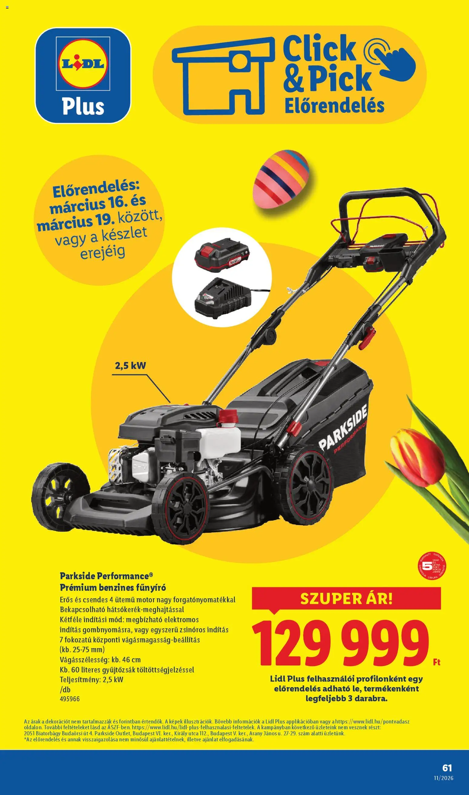 Lidl akciós ujság - amely érvényes a következő dátumtól: 12.03.2026 | Oldal: 61 | Termékek: Parkside, Pick, Fűnyíró, Benzines fűnyíró
