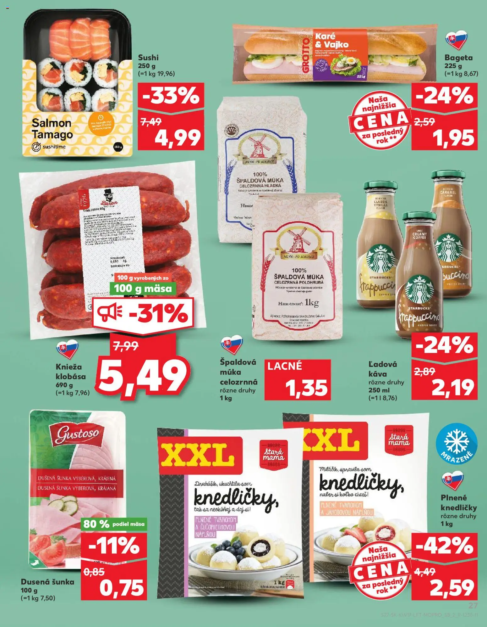 Nové Kaufland akcie – leták je platný od 23.04.2026 | Strana: 27 | Produkty: Káva, Klobása, Múka, Sushi