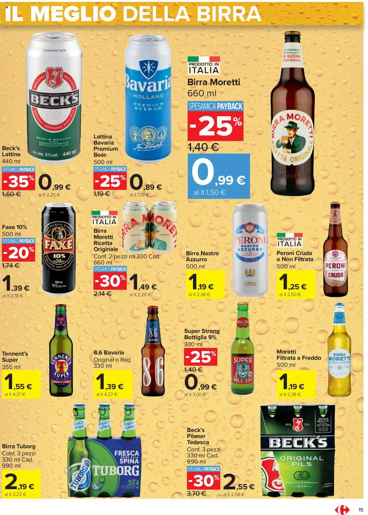 Volantino Carrefour del 20.10.2025 | Pagina: 15 | Prodotti: Tennent's, Birra, Birra Moretti, Bottiglia