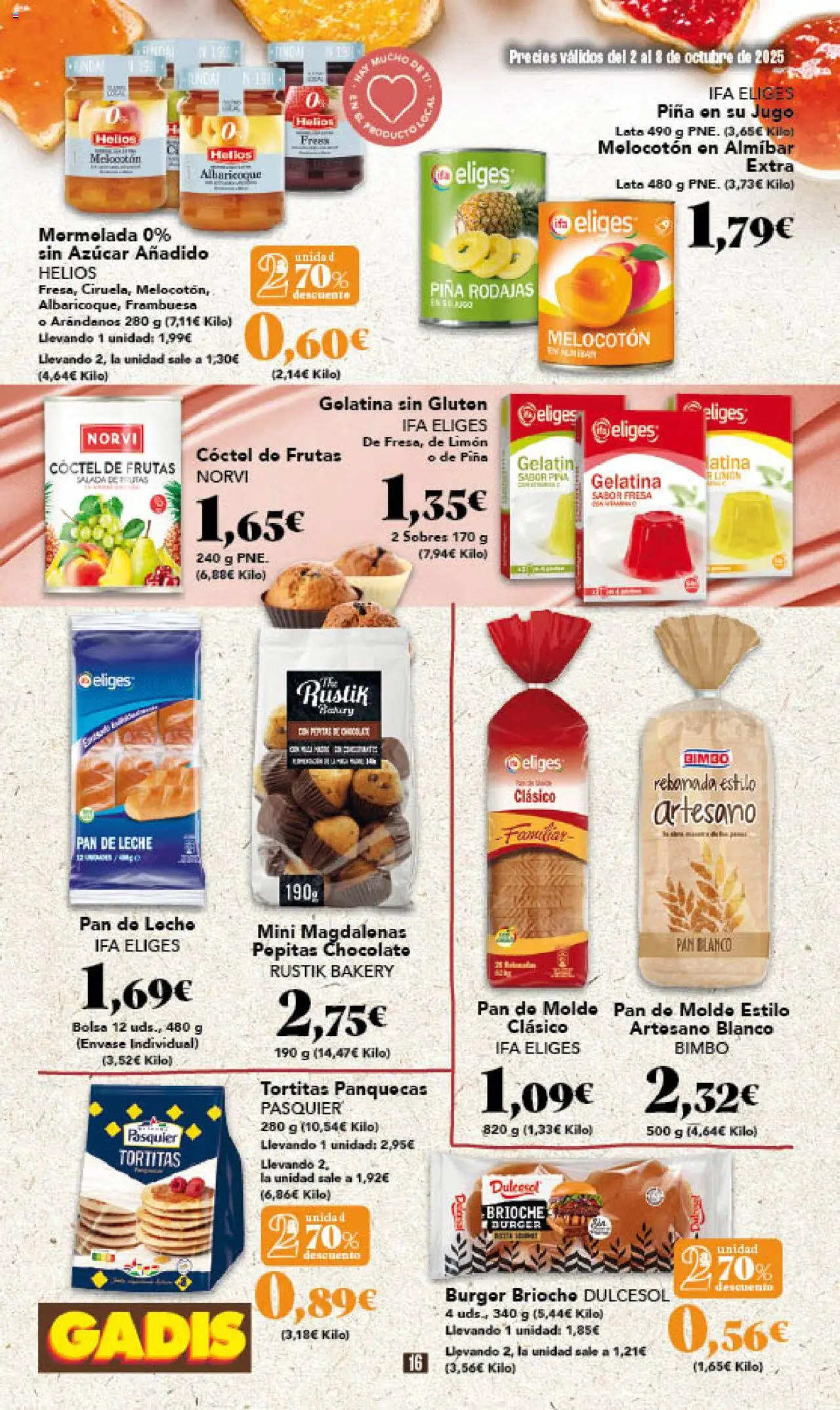 Gadis folleto │ válido desde el 02.10.2025 | Página: 16 | Productos: Gelatina, Leche, Pan de leche, Magdalenas