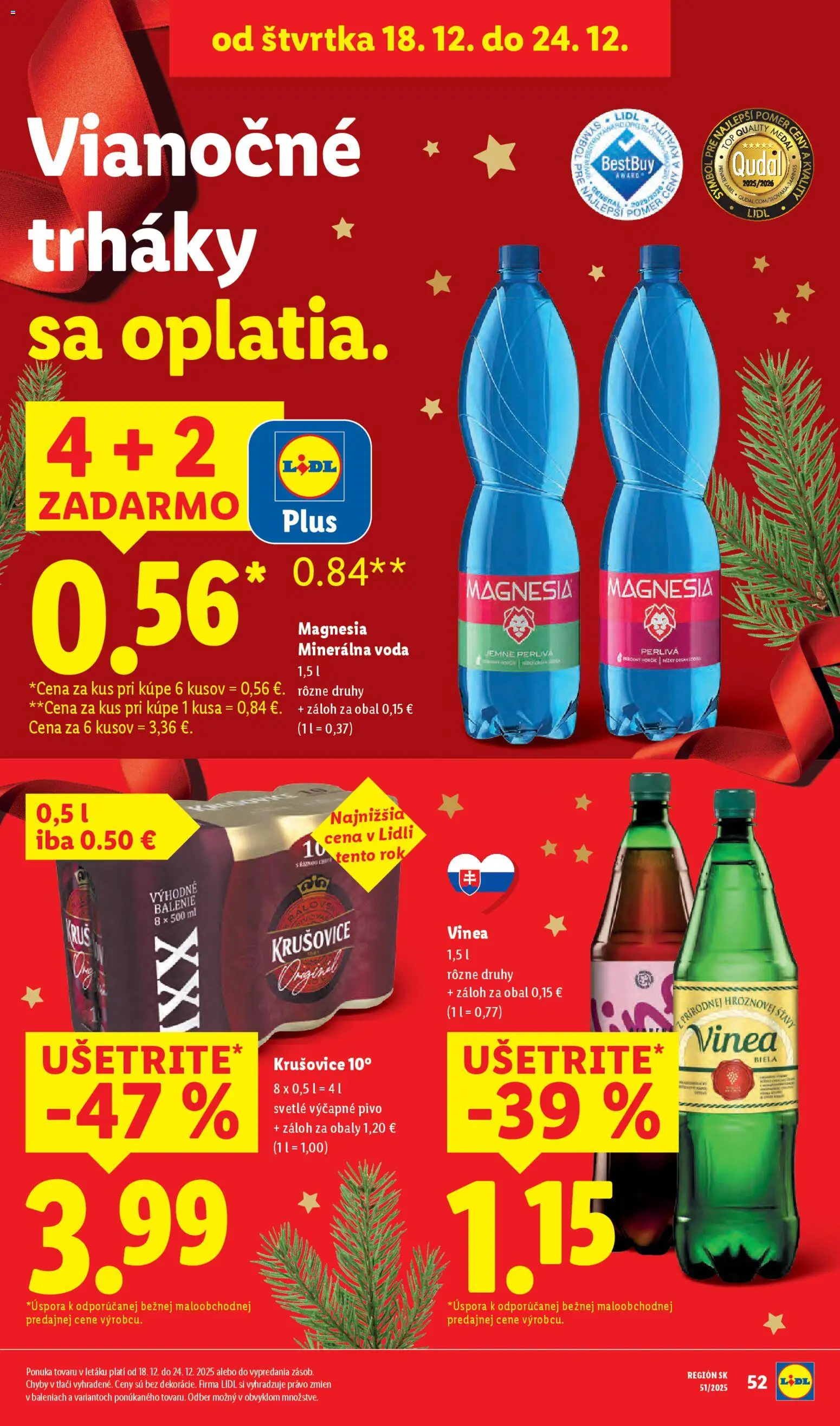 Nové Lidl akcie – leták je platný od 18.12.2025 | Strana: 2 | Produkty: Pivo, Krušovice, Voda, Vinea