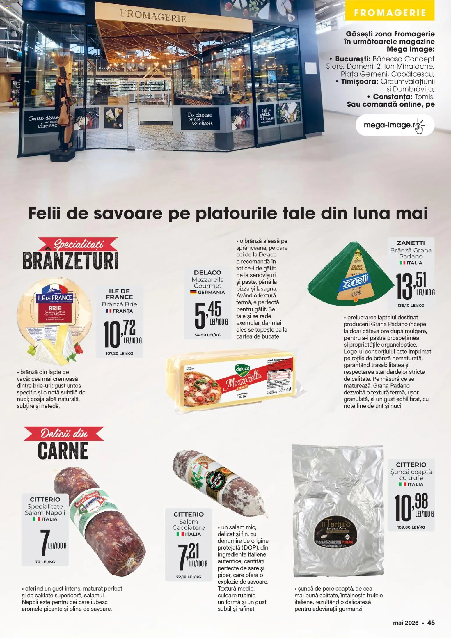 Noul catalog Mega Image – valabil de la 23.04.2026 | Pagină: 45 | Produse: Unt, Salam, Pizza, Sare