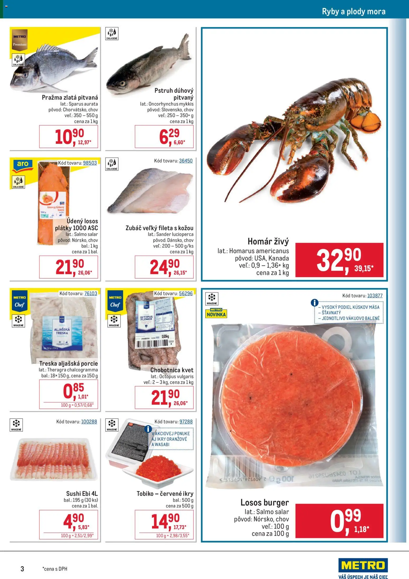 Nové Metro akcie – leták je platný od 22.10.2025 | Strana: 3 | Produkty: Pstruh, Losos, Sushi, Treska