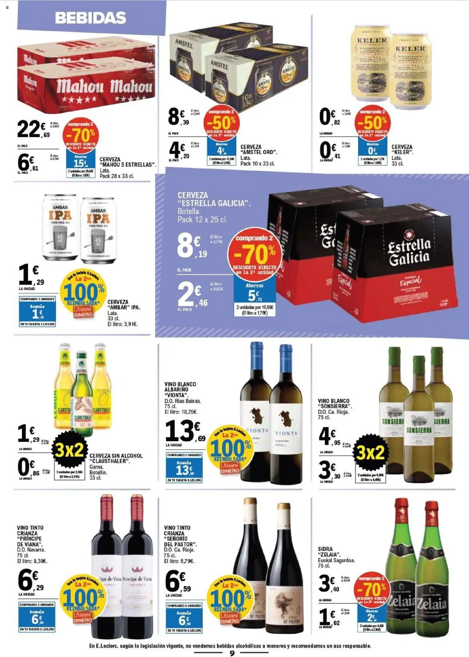 E.Leclerc - Más Barato │ válido desde el 18.03.2026 | Página: 9 | Productos: Cerveza sin alcohol, Vino, Cerveza