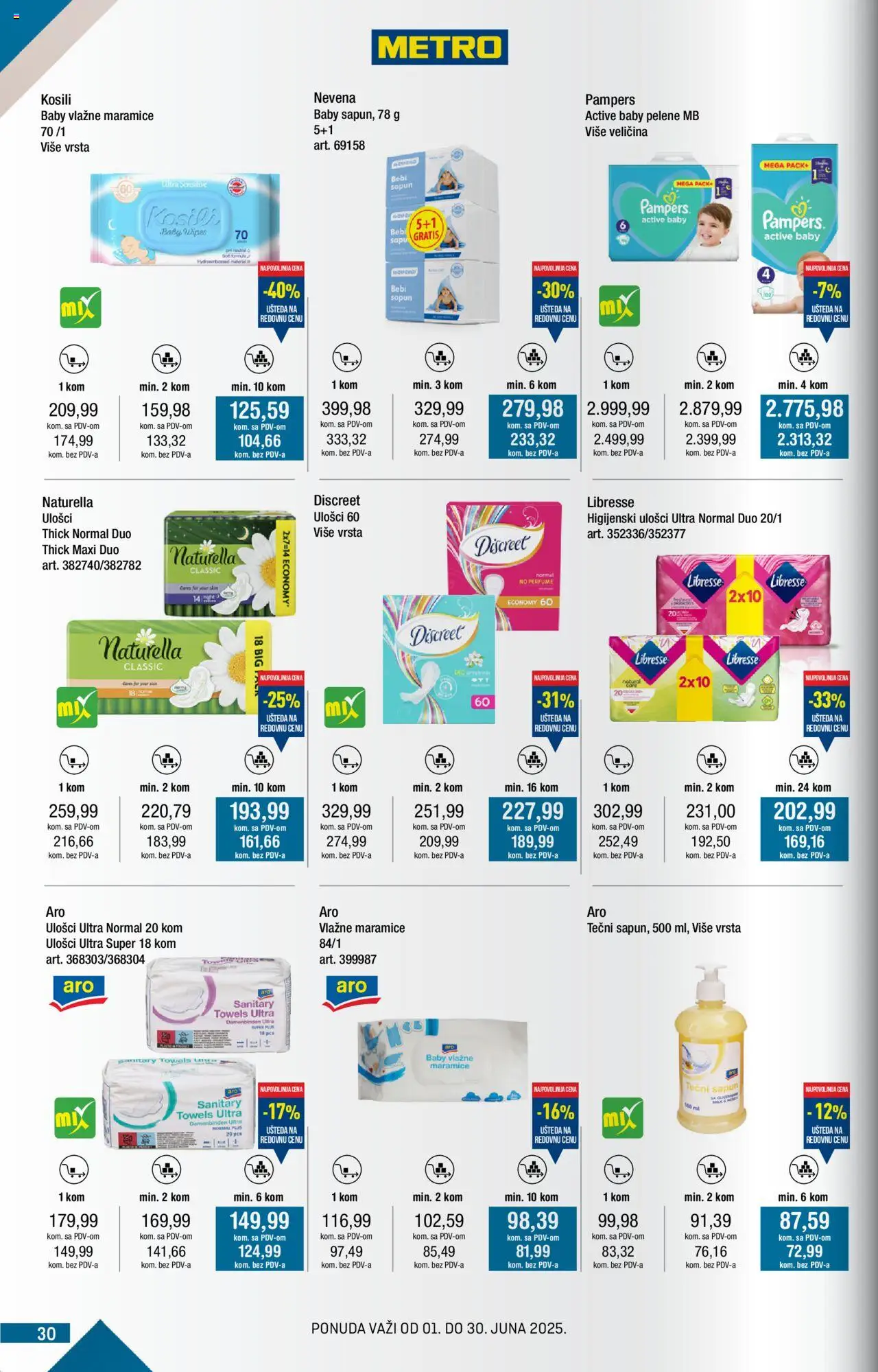 Metro katalog - važi od 01.06.2025 | Strana: 30 | Proizvode: Tečni sapun, Pampers, Higijenski ulošci, Sapun