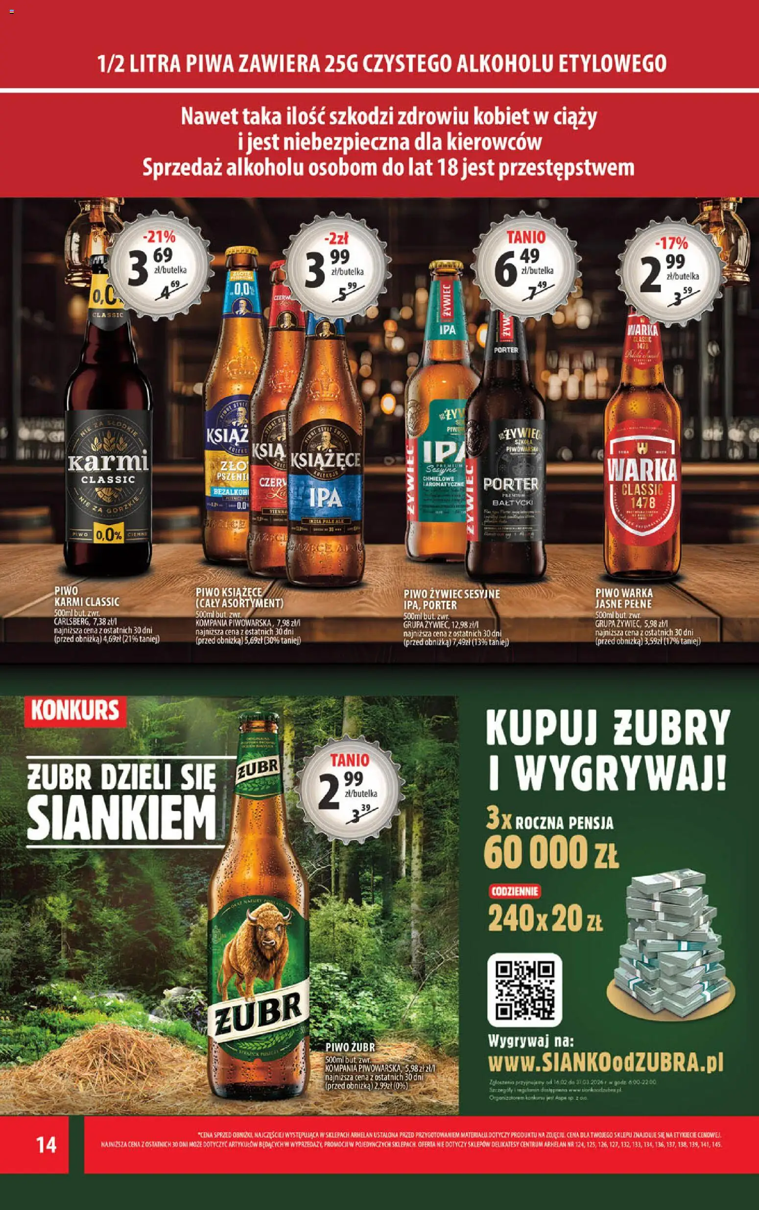 Arhelan Gazetka od 27.02.2026 | Strona: 14 | Produkty: Piwo żubr, Warka, Piwo Warka, Piwo