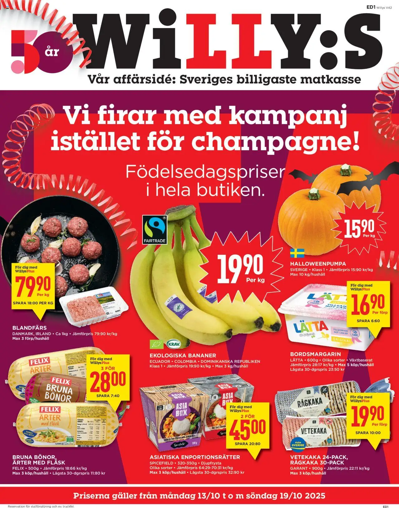 Willys reklamblad aktuell från 13.10.2025 | Sida: 1 | Produkter: Galler, Fläsk, Champagne, Bönor