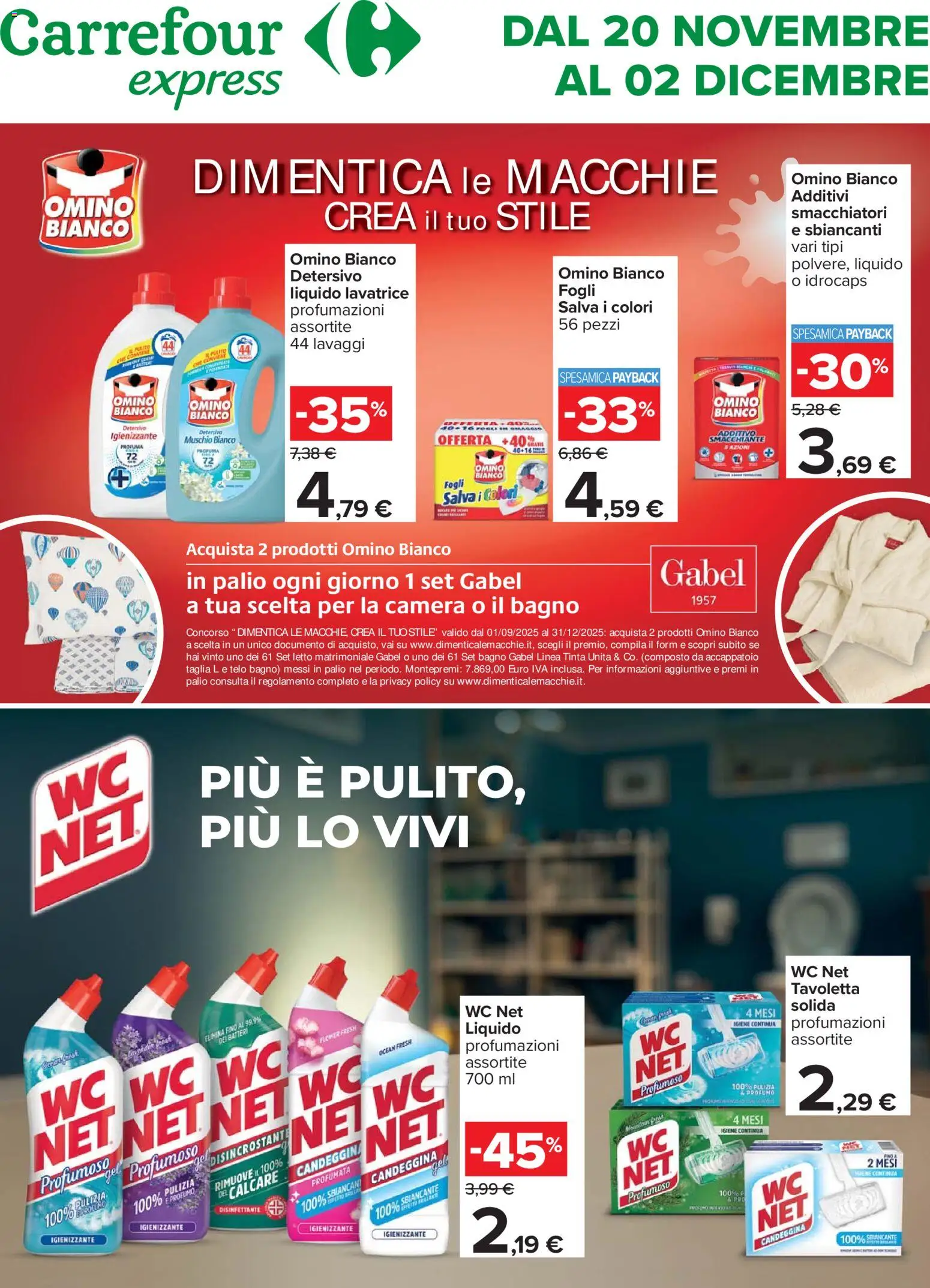 Volantino Carrefour del 20.11.2025 | Pagina: 1 | Prodotti: Tavoletta wc, Candeggina, Lavatrice, WC