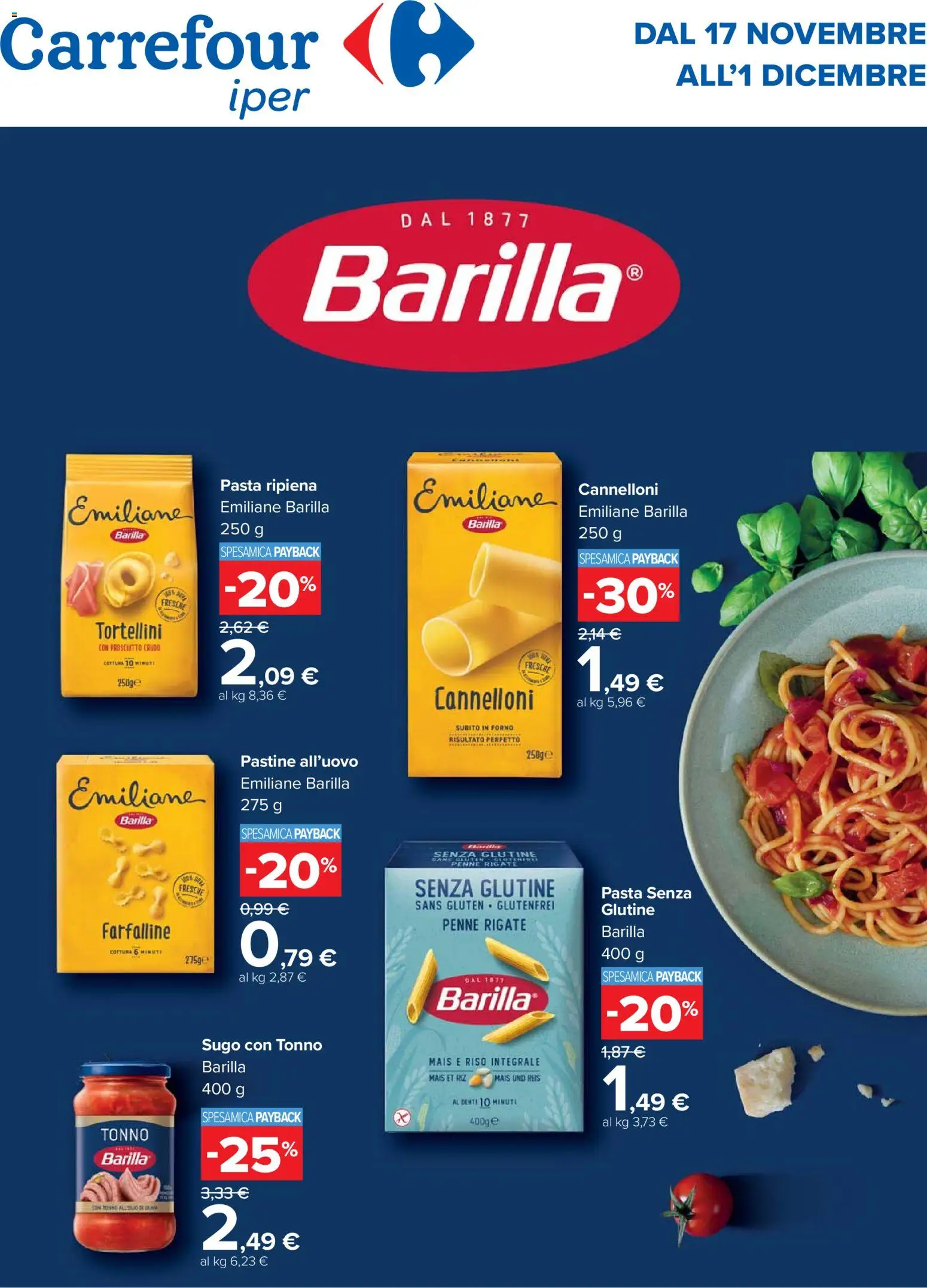 Volantino Carrefour del 17.11.2025 | Pagina: 1 | Prodotti: Riso, Pasta, Tonno, Penne