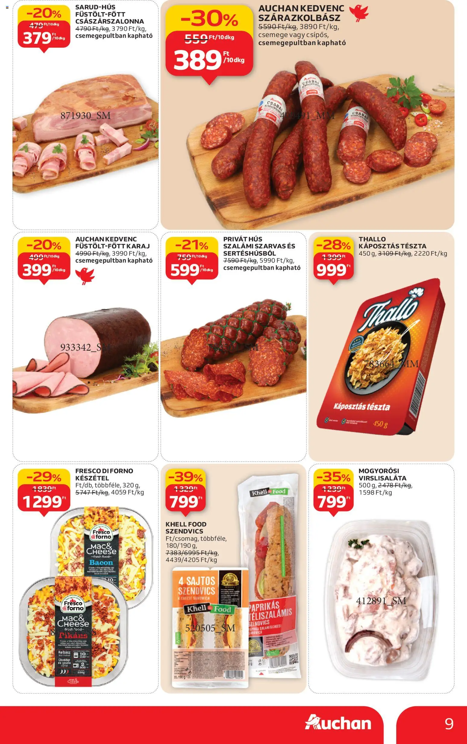 Auchan akciós ujság - amely érvényes a következő dátumtól: 08.01.2026 | Oldal: 9 | Termékek: Gouda, Bacon, Szalámi, Készétel