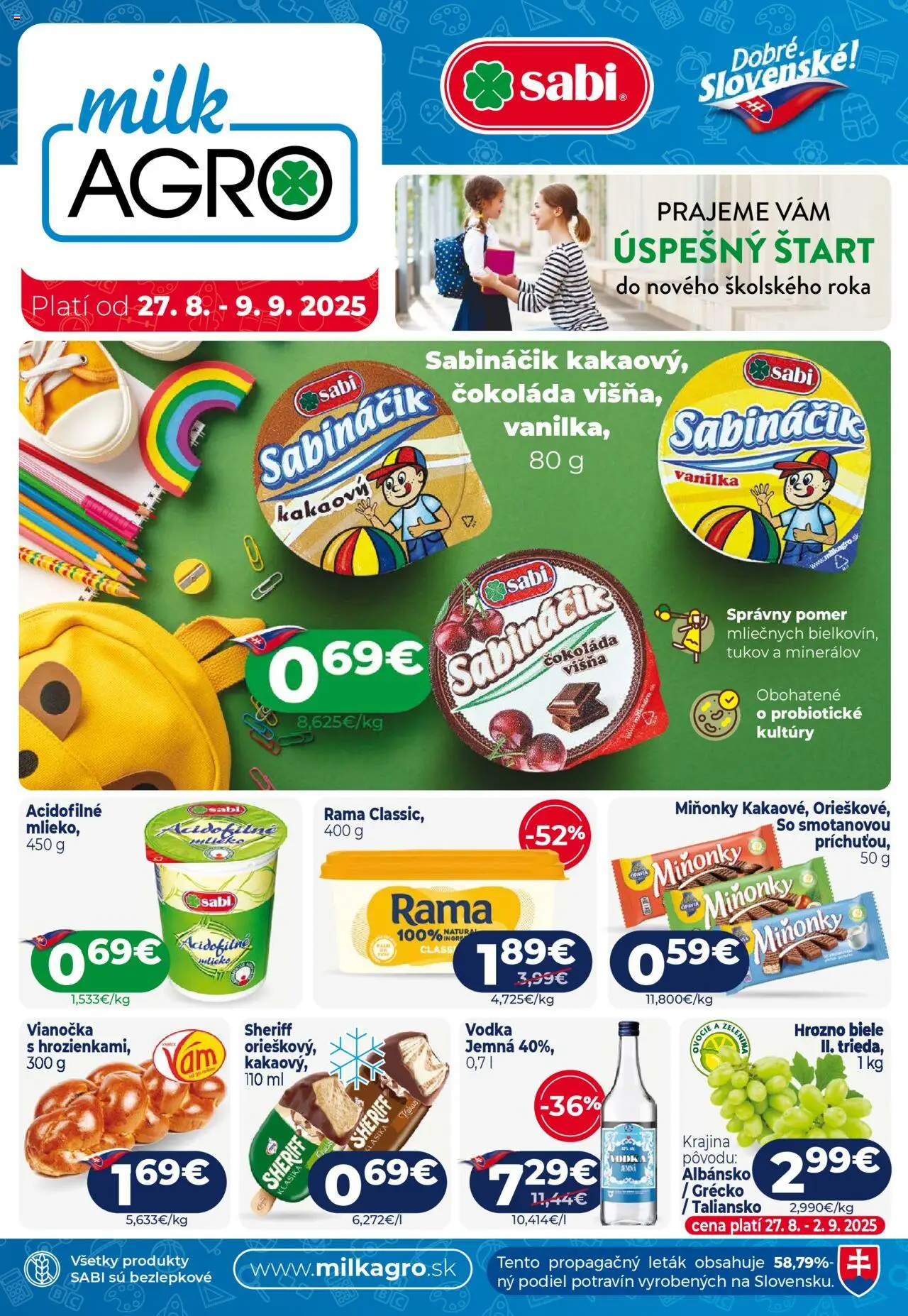 Milk Agro leták │ platný od 27.08.2025 | Strana: 1 | Produkty: Vianočka, Čokoláda, Rama, Hrozno