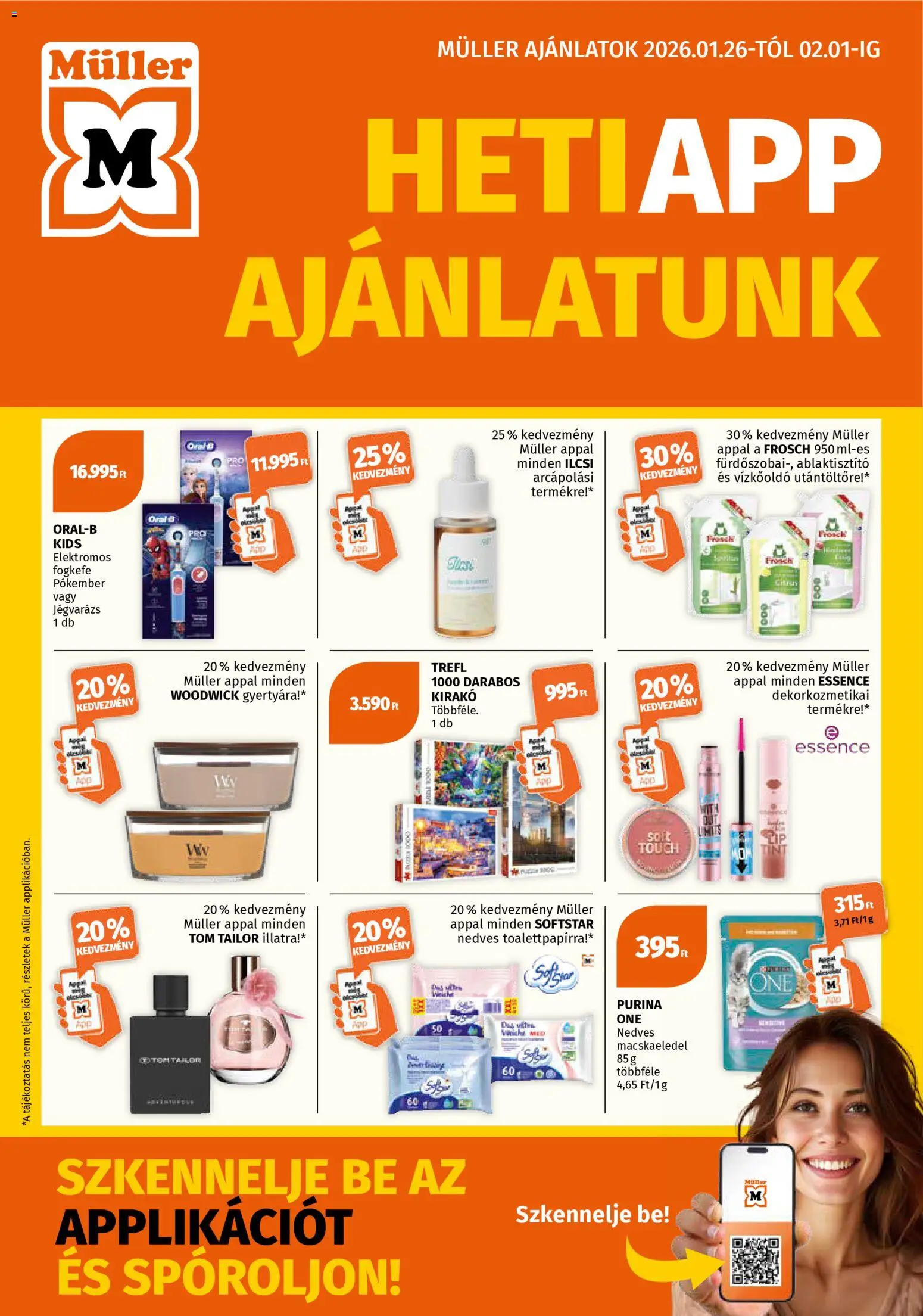 Müller akciós ujság - amely érvényes a következő dátumtól: 26.01.2026 | Oldal: 1 | Termékek: Macskaeledel, Vízkőoldó, Elektromos fogkefe, Fogkefe