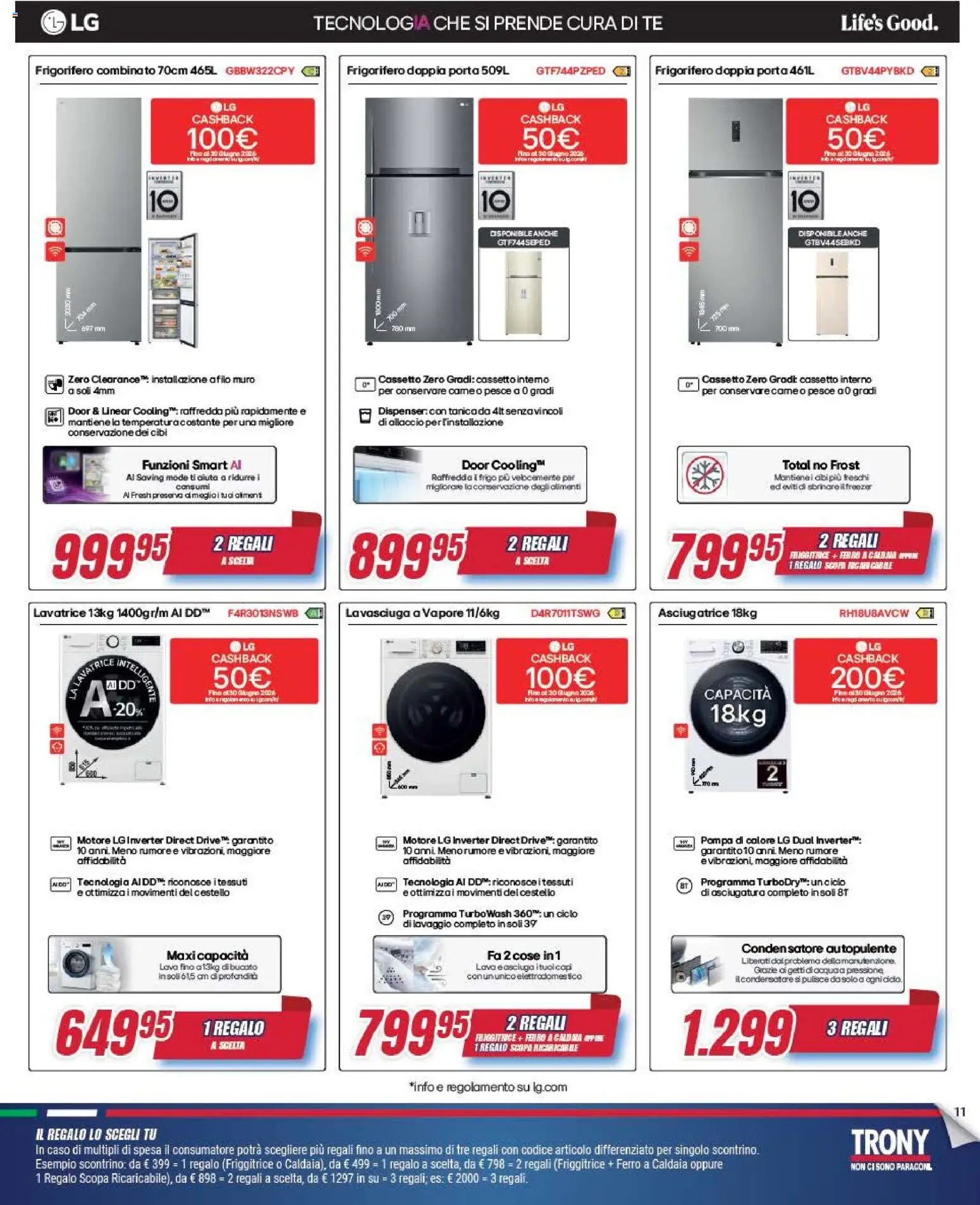 Volantino Trony del 09.04.2026 | Pagina: 11 | Prodotti: Lavasciuga, Freezer, Asciugatrice, Frigorifero combinato