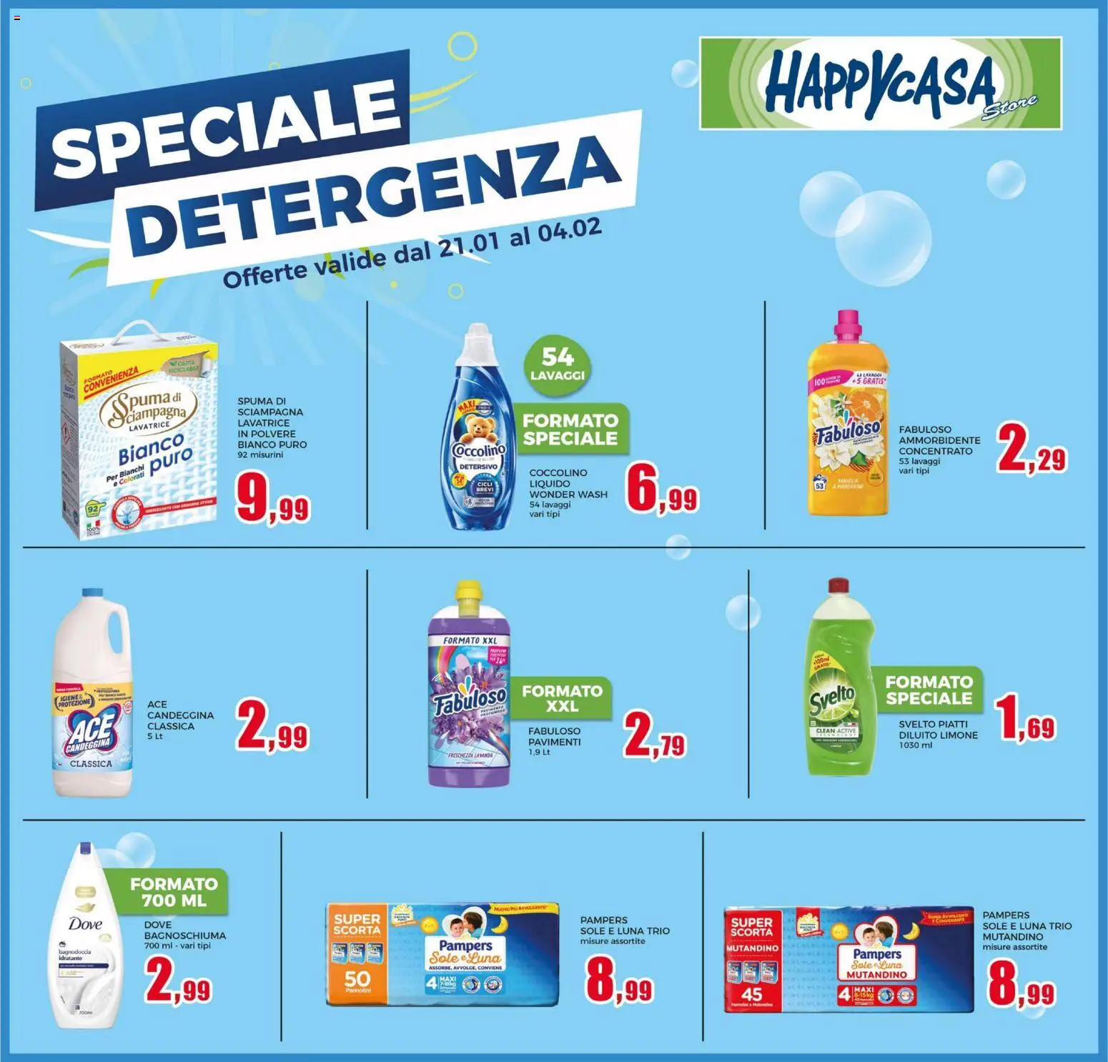 Volantino Happy Casa del 21.01.2026 | Pagina: 17 | Prodotti: Bagnoschiuma, Ammorbidente, Candeggina, Pampers