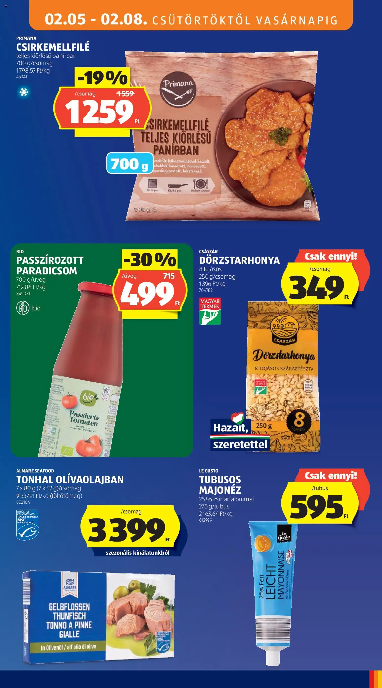 Aldi akciós ujság - amely érvényes a következő dátumtól: 05.02.2026 | Oldal: 9 | Termékek: Tonhal, Paradicsom, Száraztészta, Majonéz