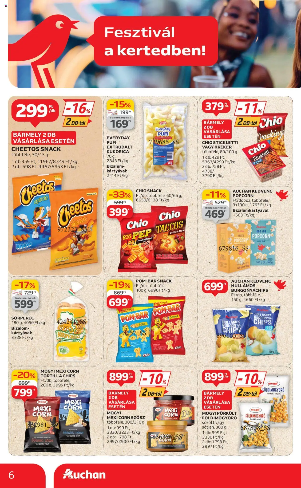 Auchan akciós ujság - amely érvényes a következő dátumtól: 19.06.2025 | Oldal: 6 | Termékek: Burgonya, Tortilla, Popcorn, Földimogyoró