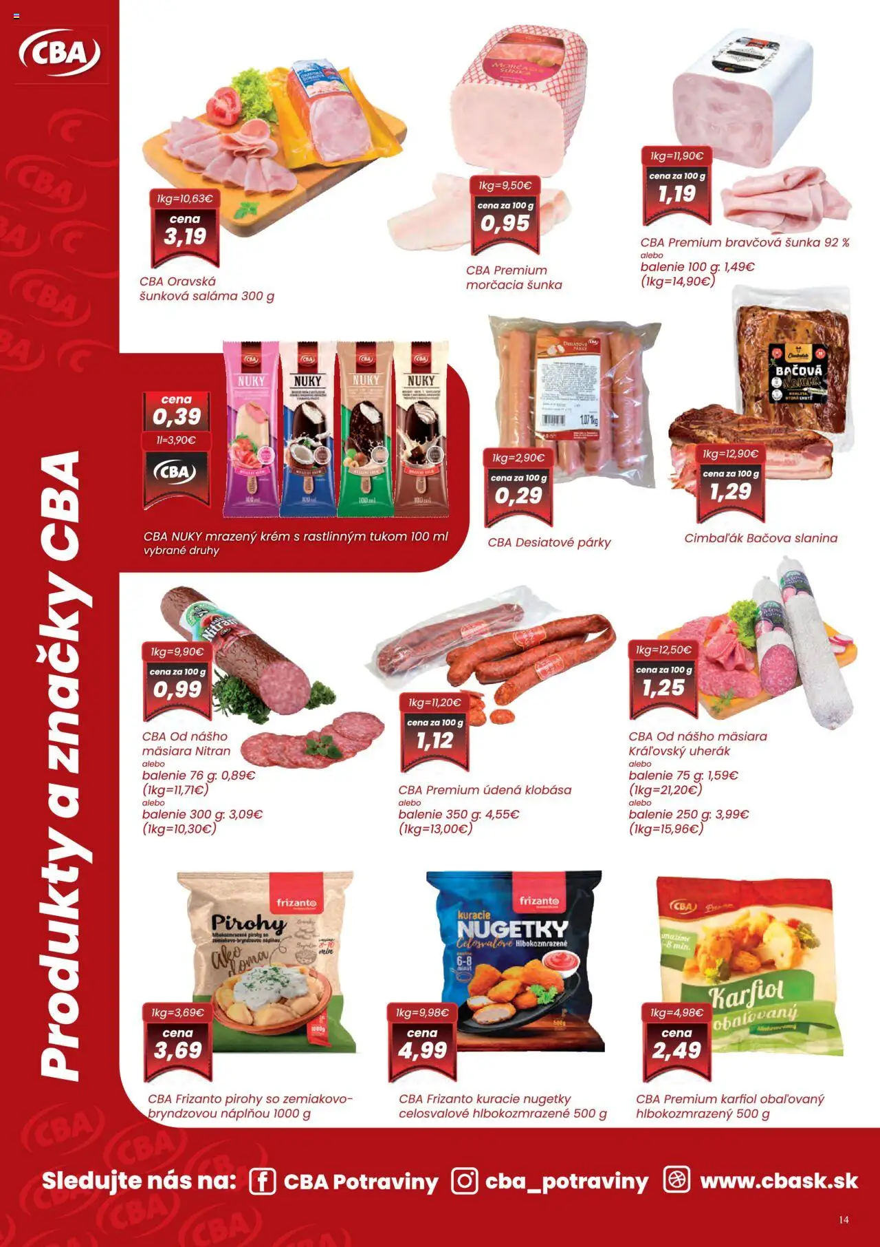 CBA Komfos leták │ platný od 03.07.2025 | Strana: 14 | Produkty: Pirohy, Šunka, Klobása, Karfiol
