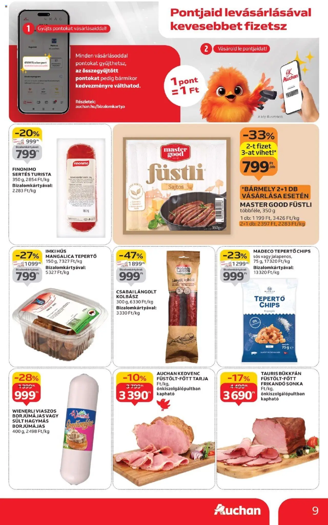 Auchan akciós ujság - amely érvényes a következő dátumtól: 18.09.2025 | Oldal: 9 | Termékek: Chips, Hús, Sonka, Frikandó
