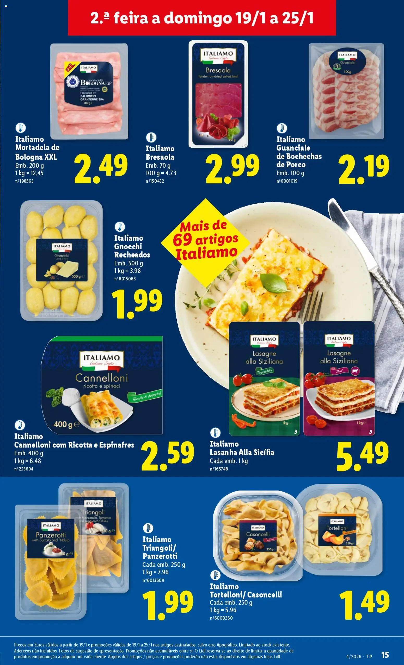 Lidl folheto │ válido de 19.01.2026 | Página: 15 | Produtos: Mortadela, Espinafres, Gnocchi, Lasanha