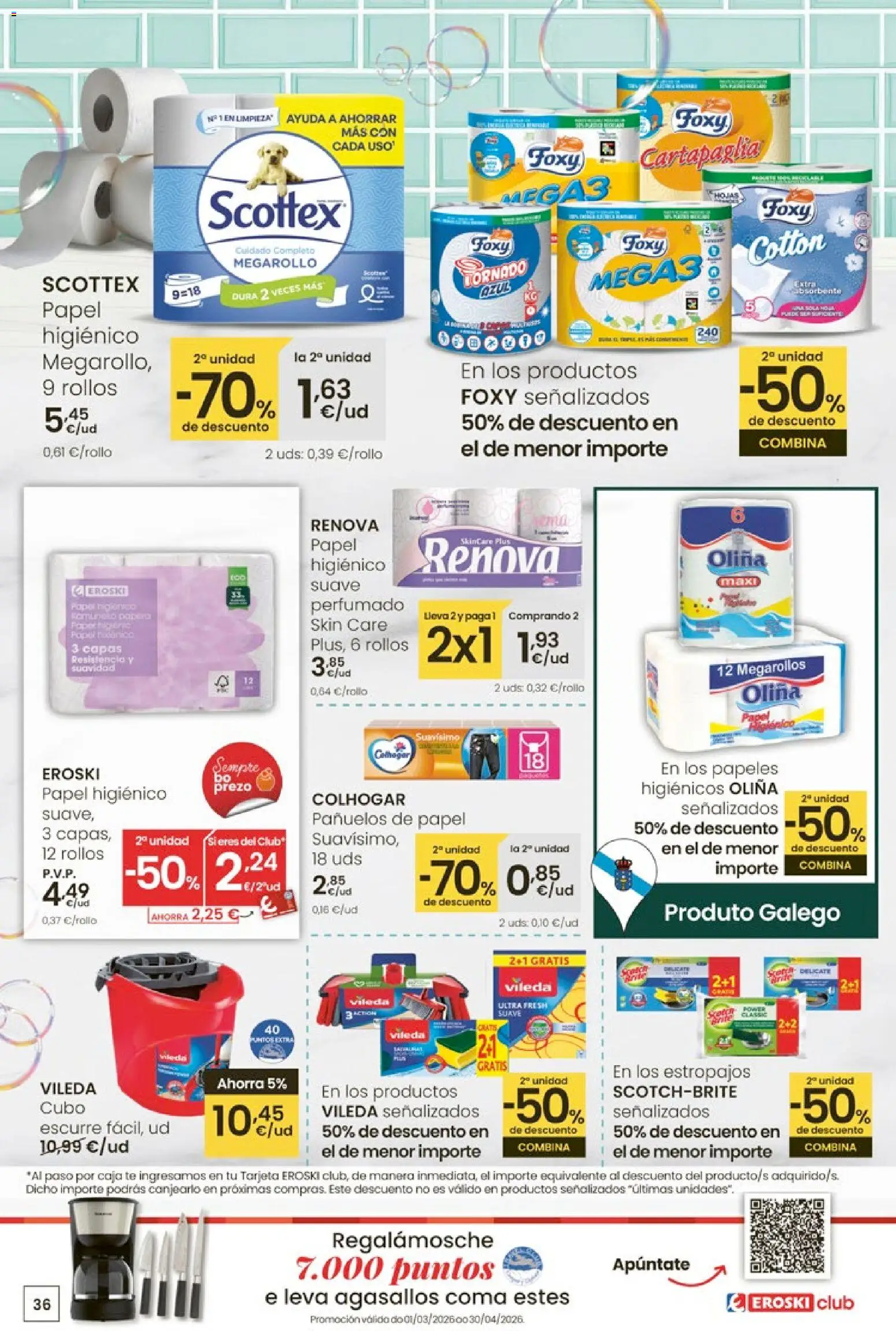 Eroski - 50 de descuento │ válido desde el 26.02.2026 | Página: 36 | Productos: Papel higienico, Té, Caja